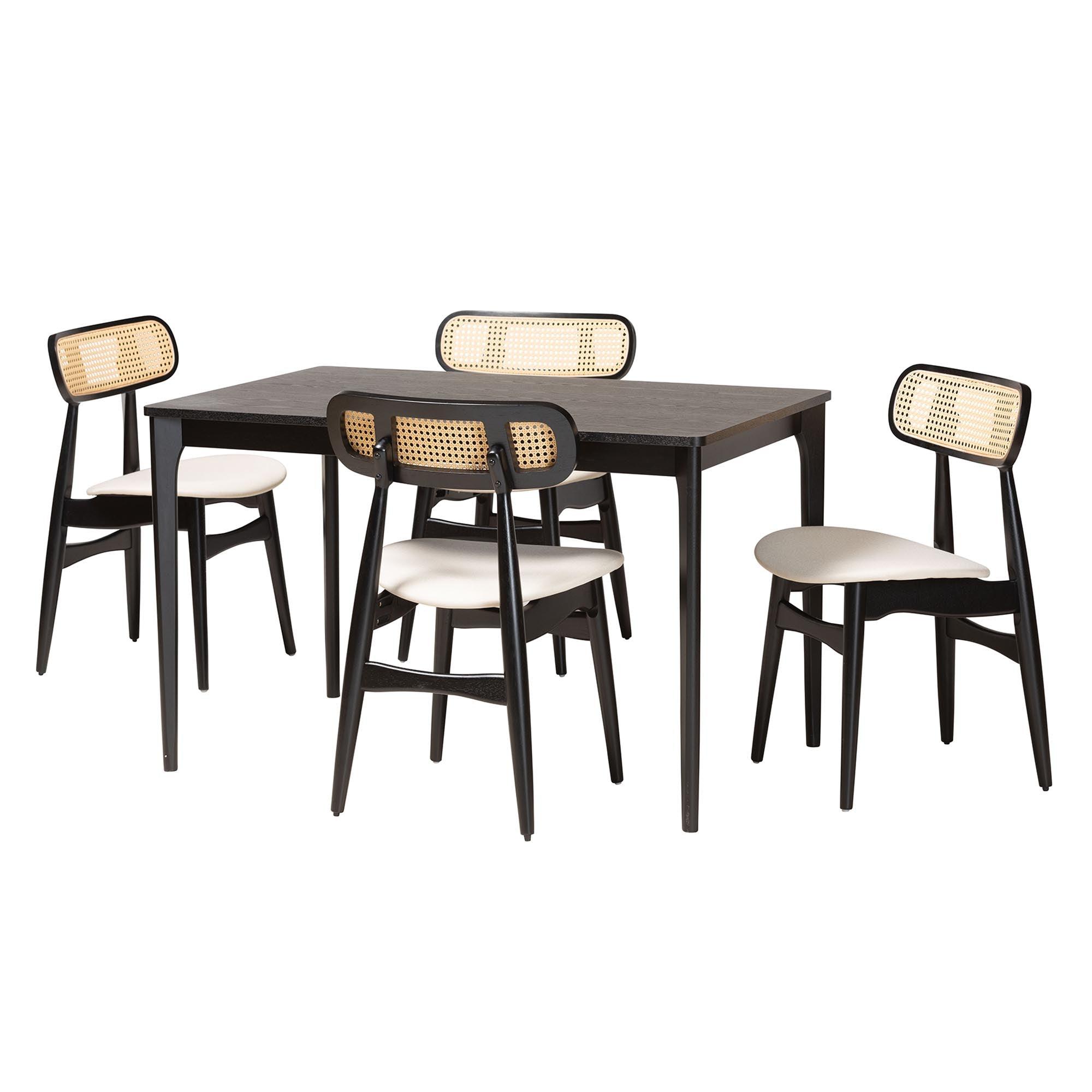 Tarana Mid-Century Modern Cream Fabric and Finished Wood 5-Piece Dining Set
