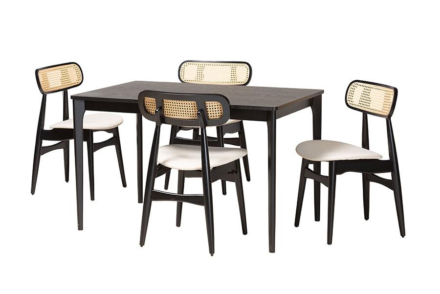 Tarana Mid-Century Modern Cream Fabric and Finished Wood 5-Piece Dining Set