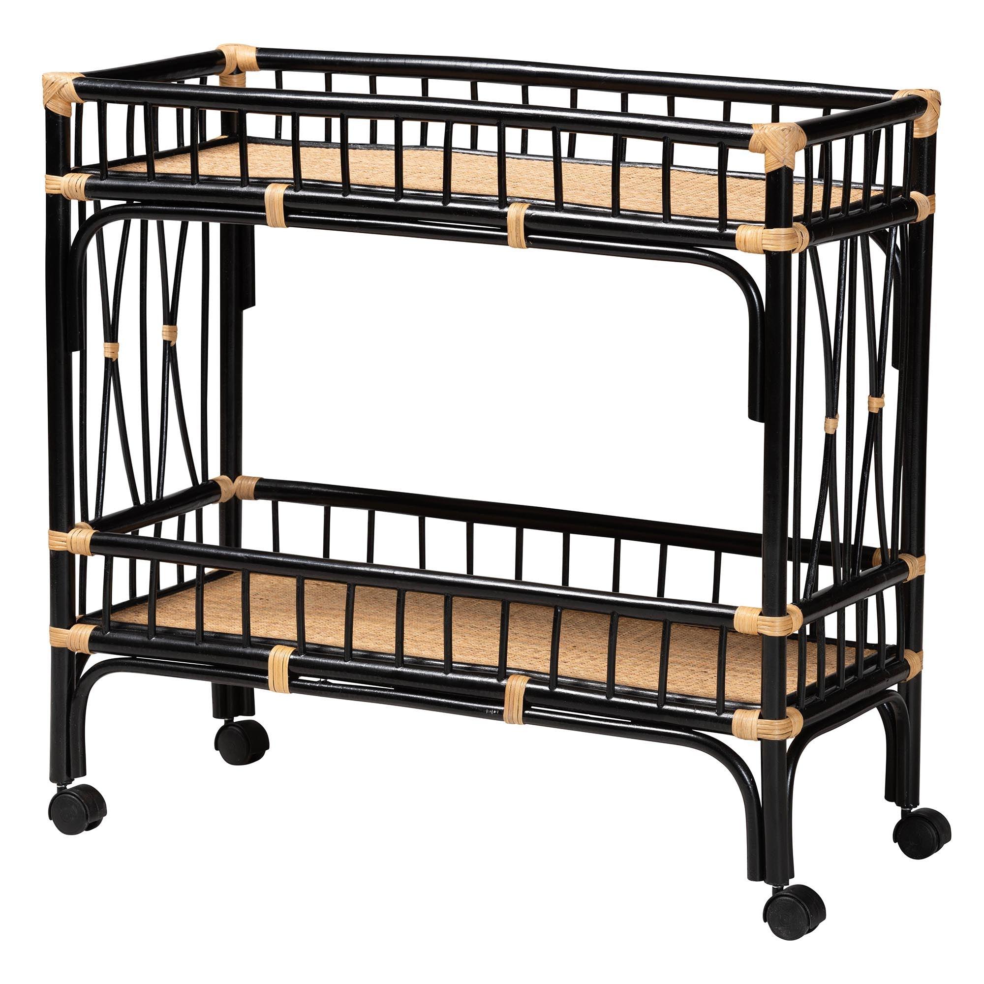 bali & pari Dalinda Modern Bohemian Two-Tone and Rattan 2-Tier Kitchen Cart