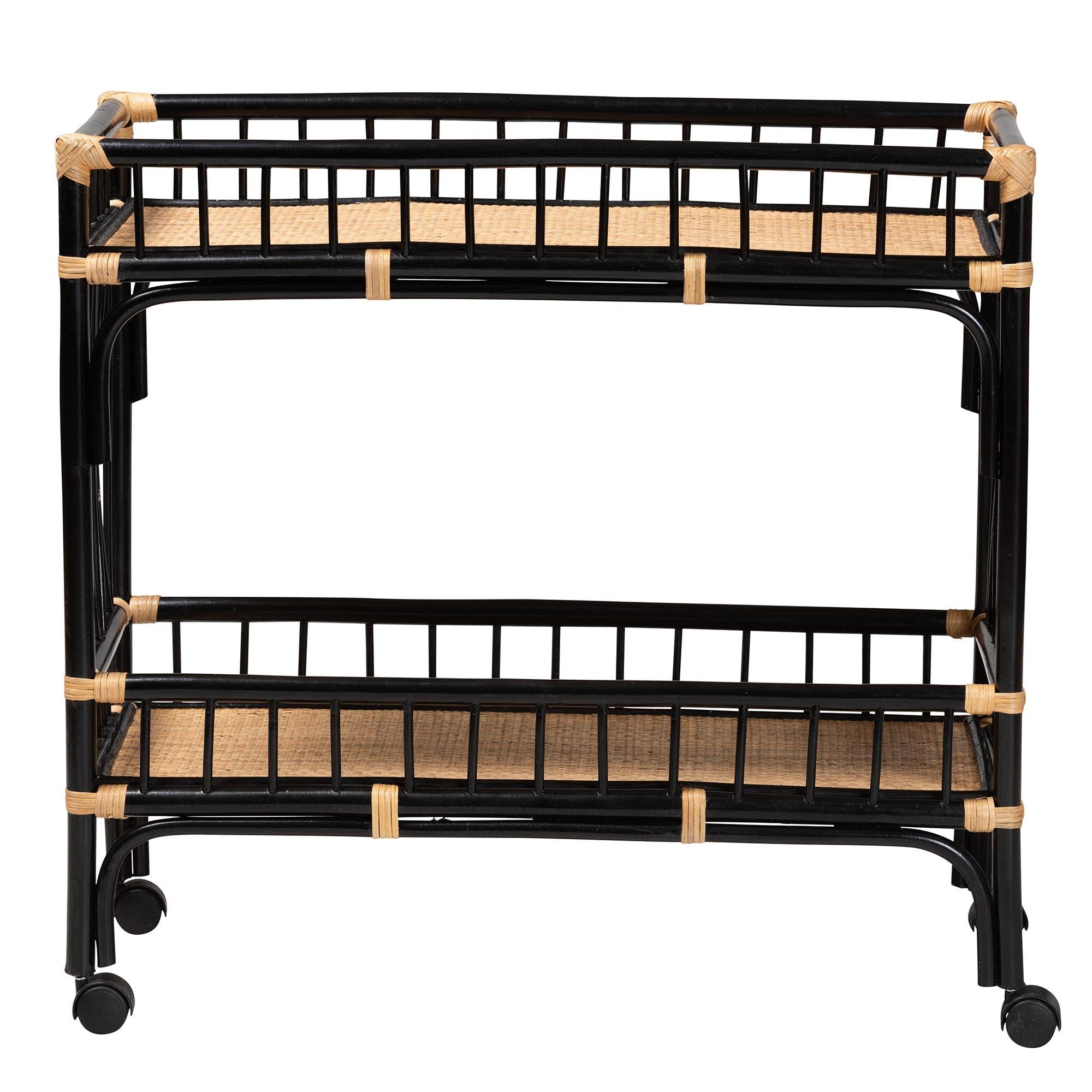 bali & pari Dalinda Modern Bohemian Two-Tone and Rattan 2-Tier Kitchen Cart