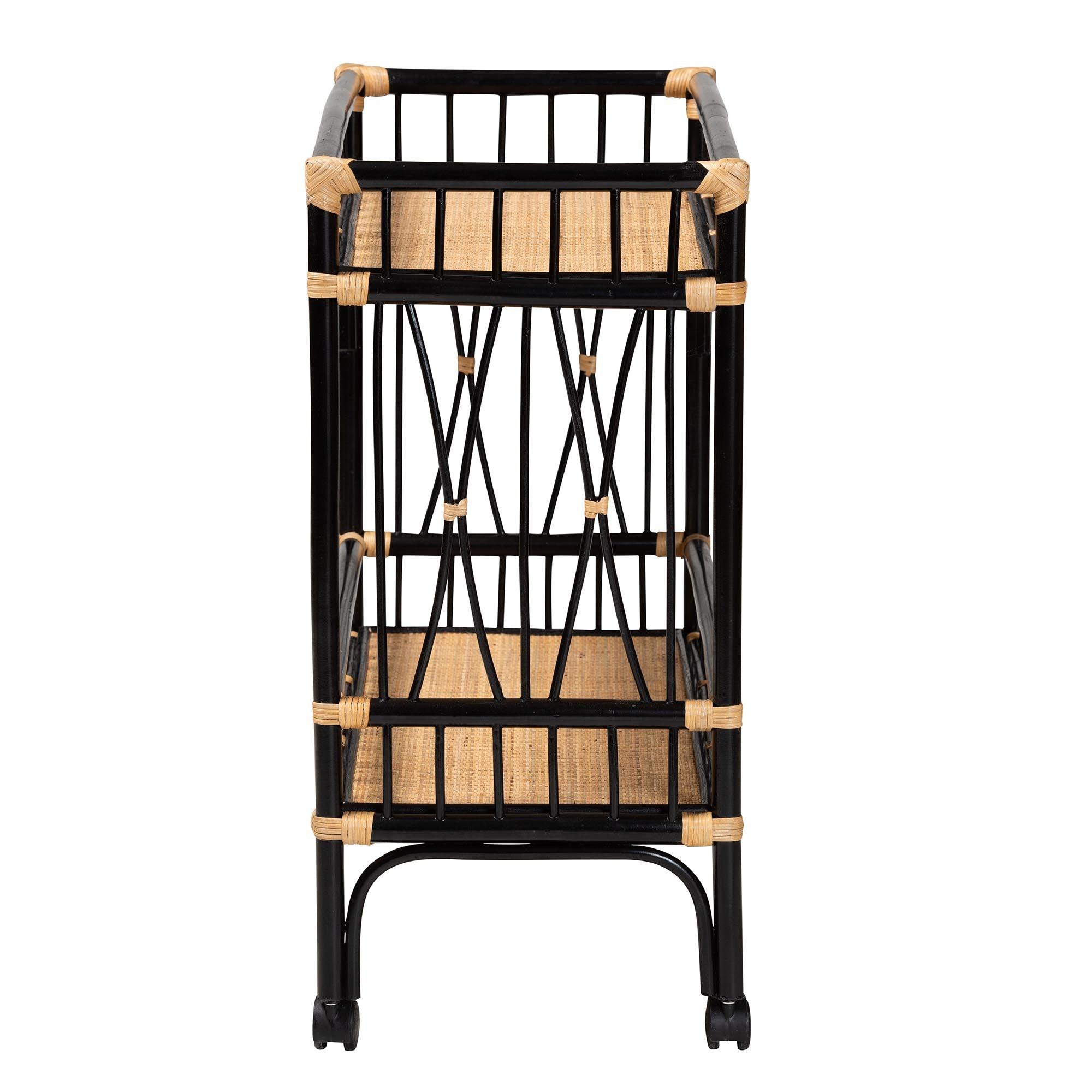 bali & pari Dalinda Modern Bohemian Two-Tone and Rattan 2-Tier Kitchen Cart