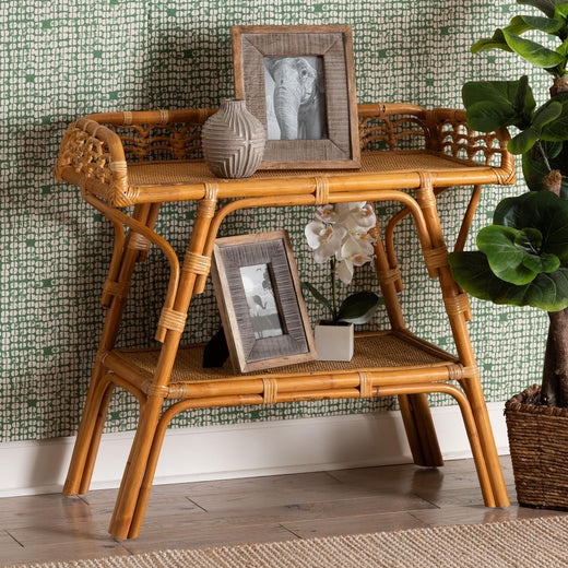 Bali & Pari Nayana Modern Bohemian Rattan 2-Tier Console Table