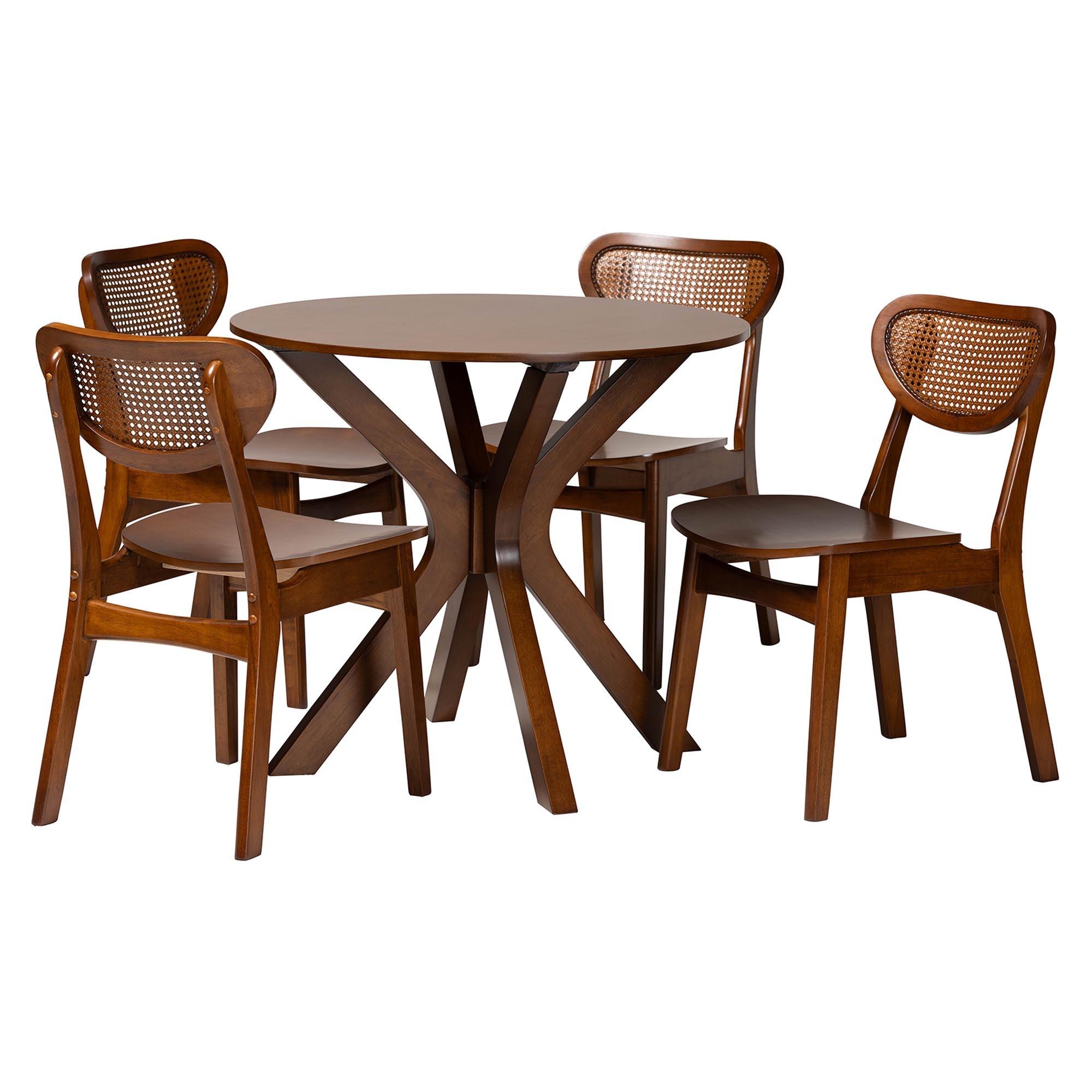 Giuliana Mid-Century Modern Finished Wood and Woven Rattan 5-Piece Dining Set