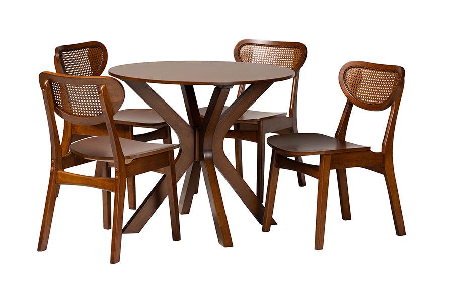 Giuliana Mid-Century Modern Finished Wood and Woven Rattan 5-Piece Dining Set