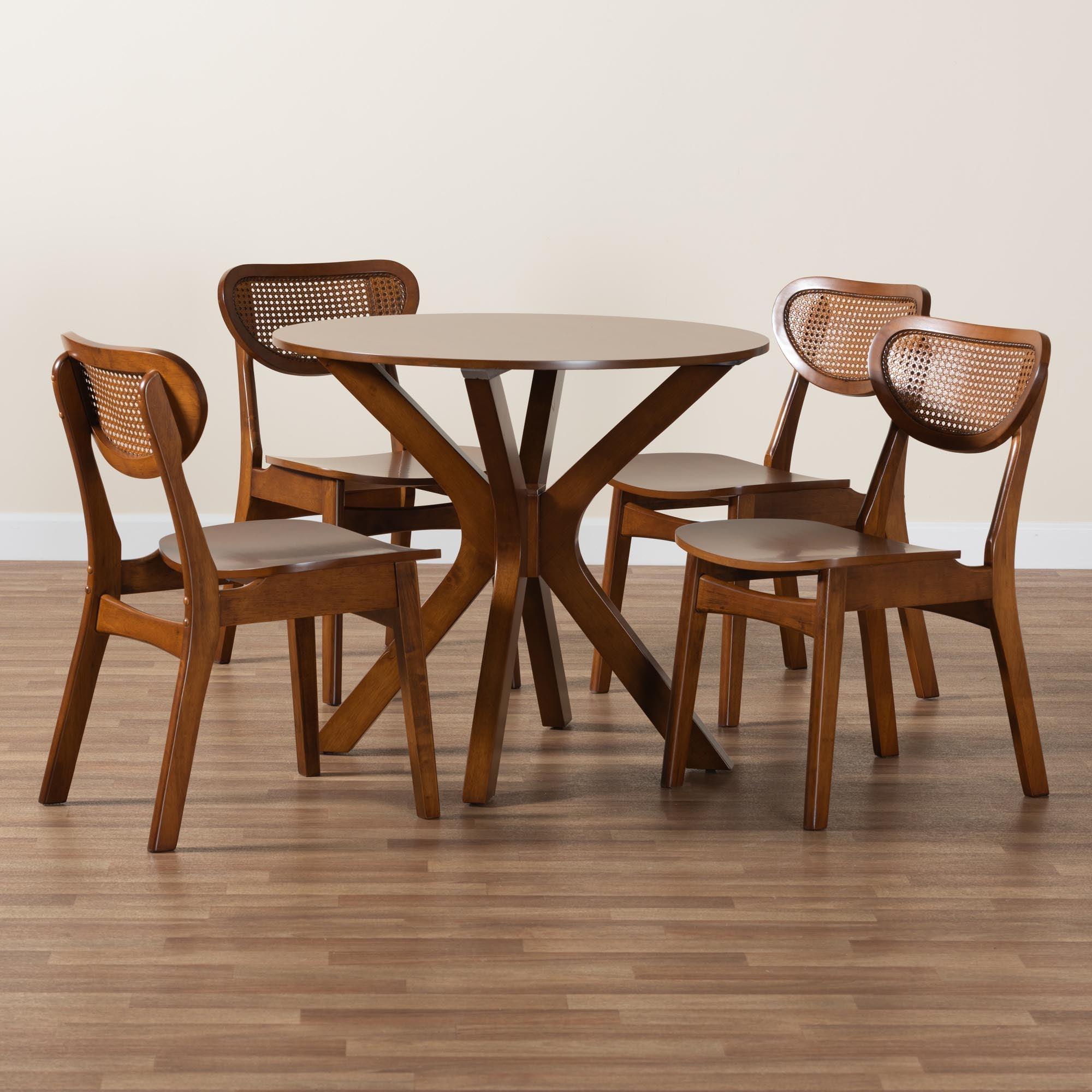 Giuliana Mid-Century Modern Finished Wood and Woven Rattan 5-Piece Dining Set