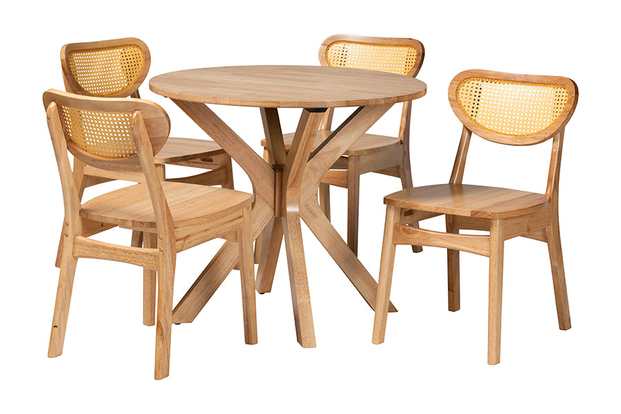 Donato Mid-Century Modern Finished Wood and Rattan 5-Piece Dining Set
