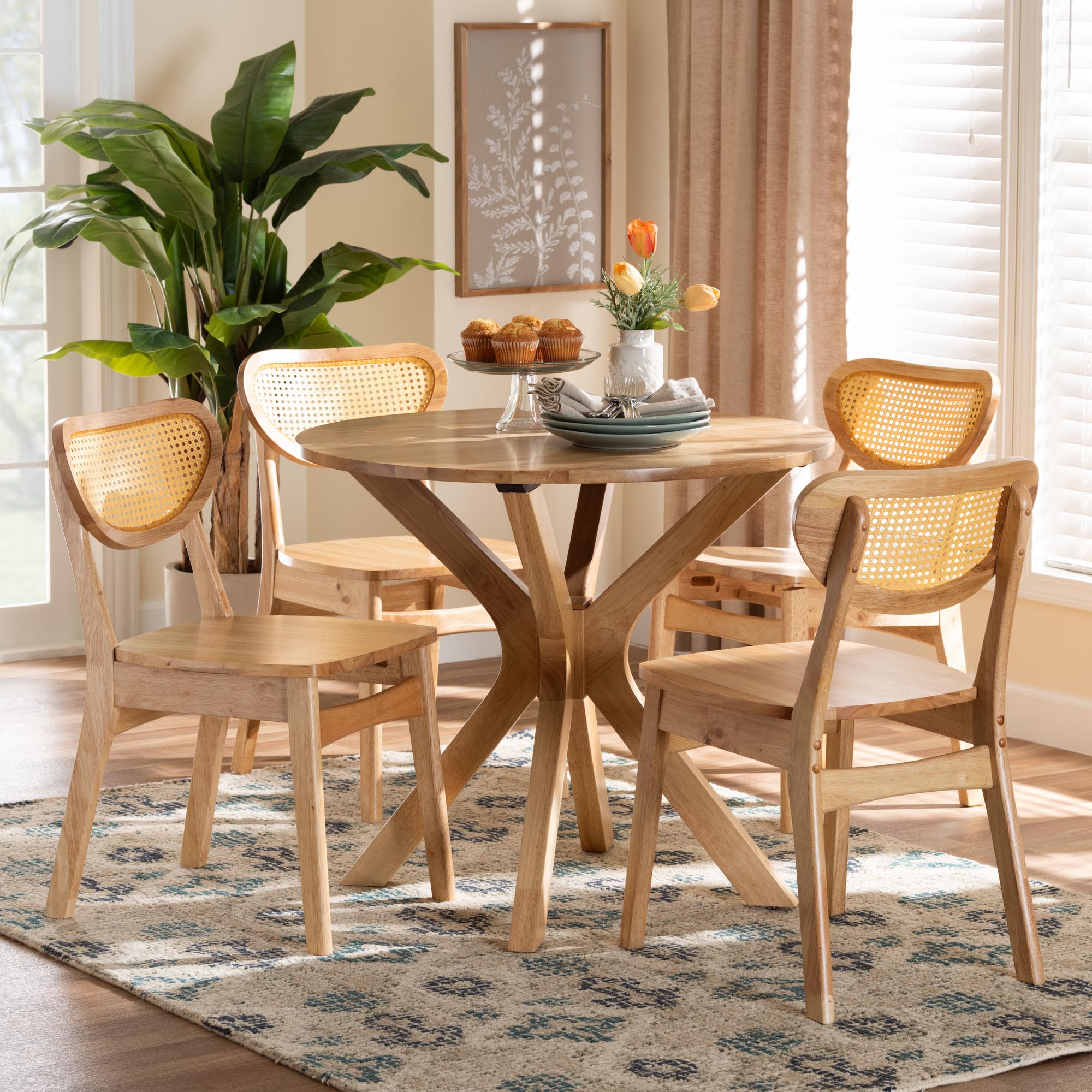 Donato Mid-Century Modern Finished Wood and Rattan 5-Piece Dining Set