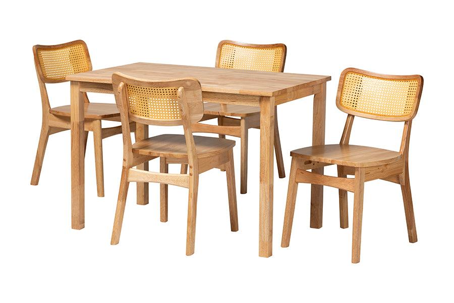 Dulcet Mid-Century Modern Finished Wood and Rattan 5-Piece Dining Set