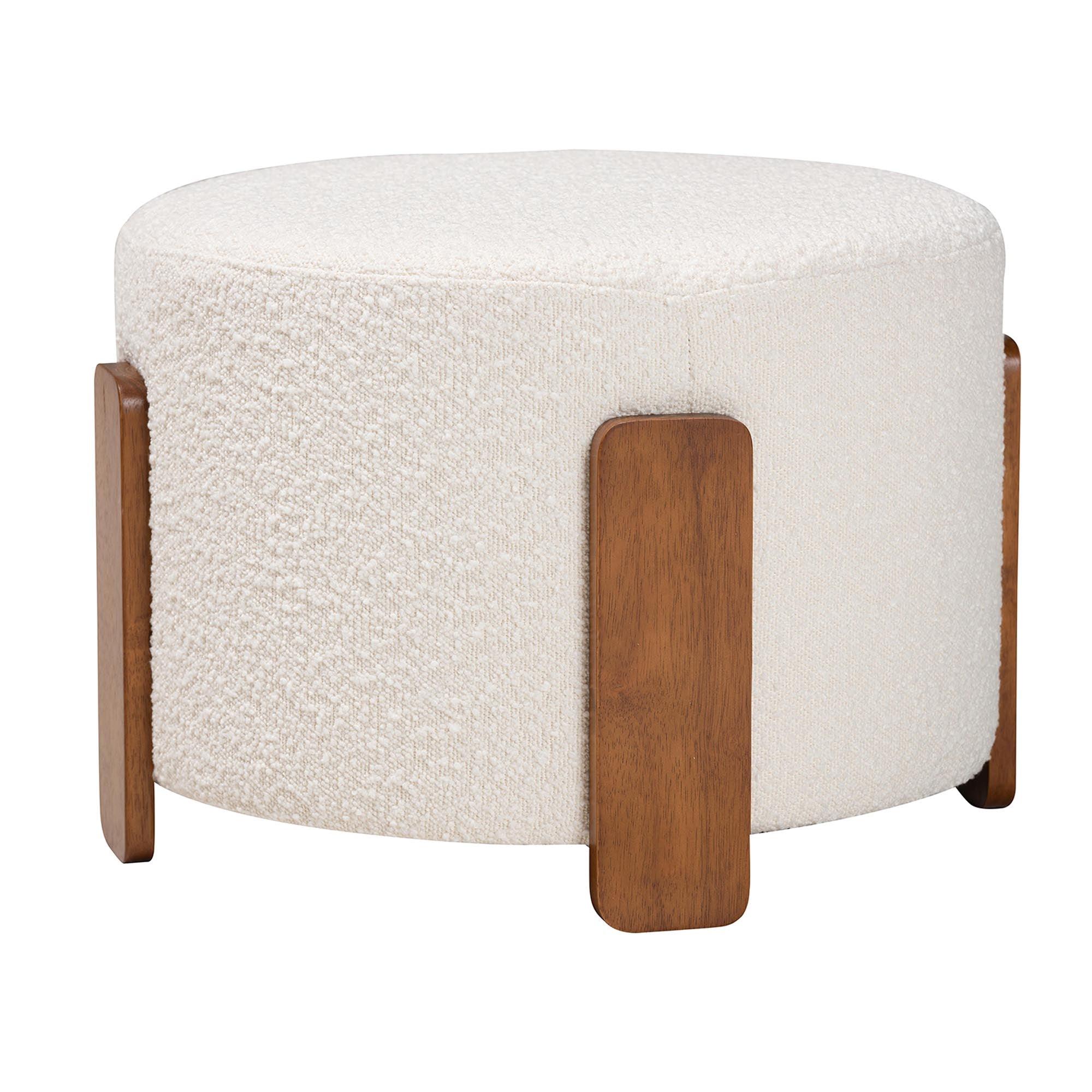Finlay Modern Japandi Cream Boucle Fabric and Finished Wood Ottoman Footstool