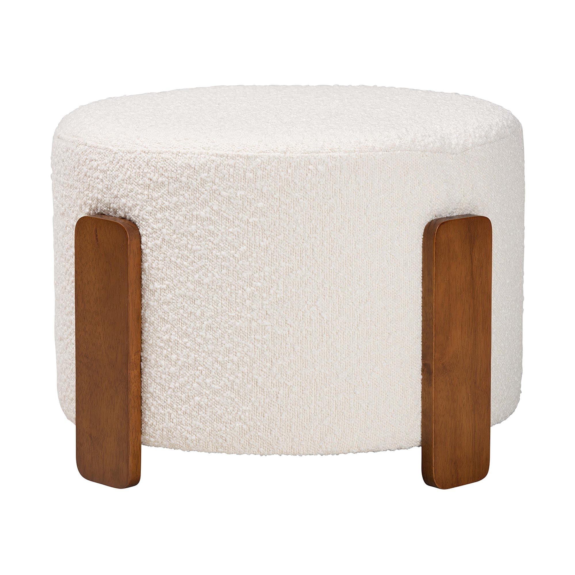 Finlay Modern Japandi Cream Boucle Fabric and Finished Wood Ottoman Footstool