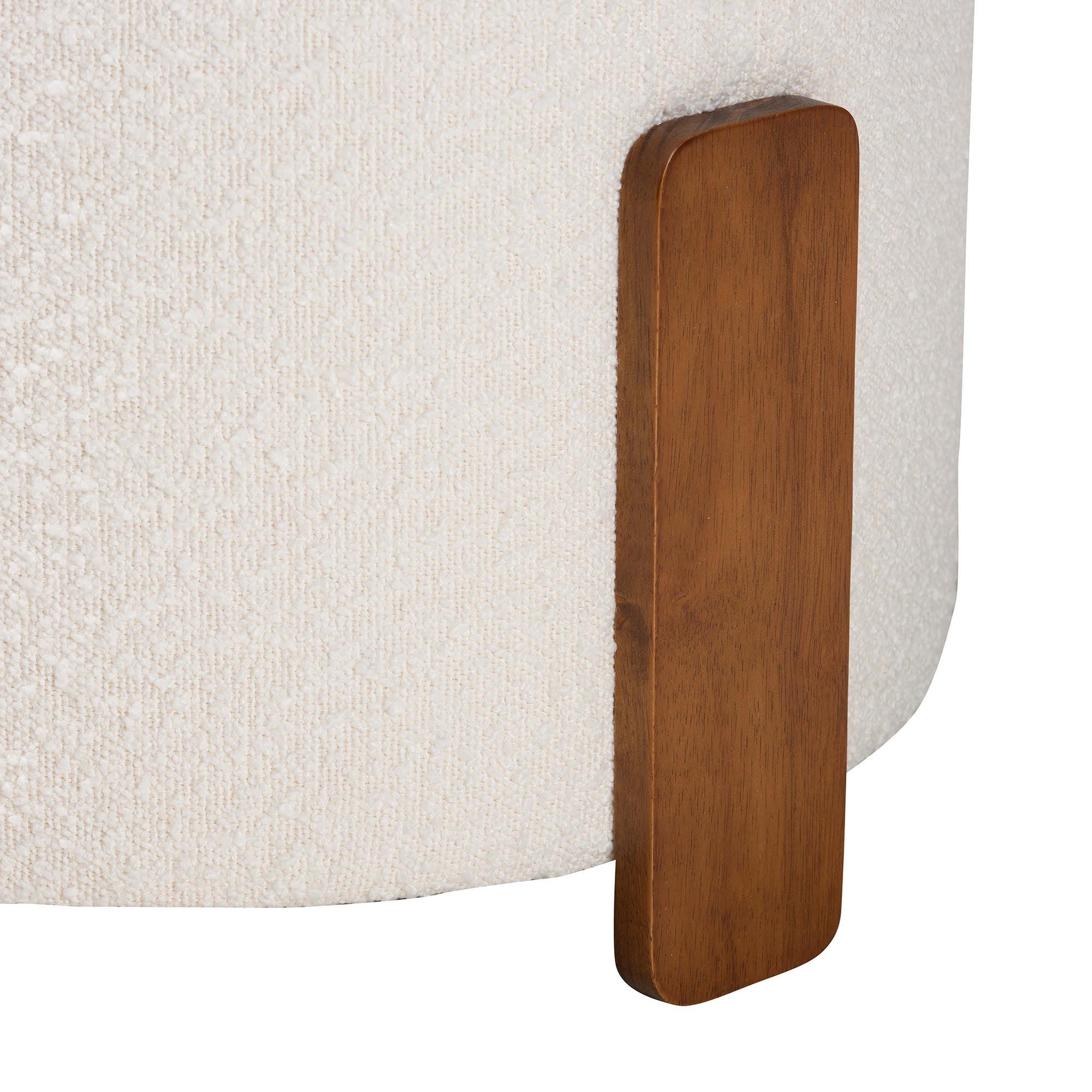 Finlay Modern Japandi Cream Boucle Fabric and Finished Wood Ottoman Footstool