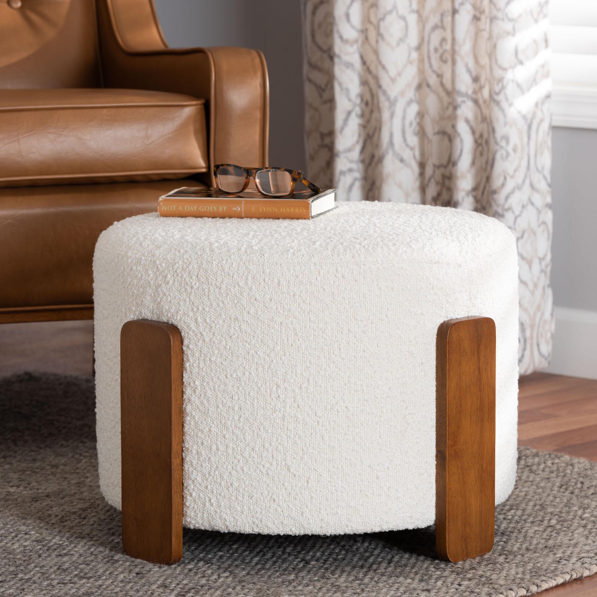 Finlay Modern Japandi Cream Boucle Fabric and Finished Wood Ottoman Footstool