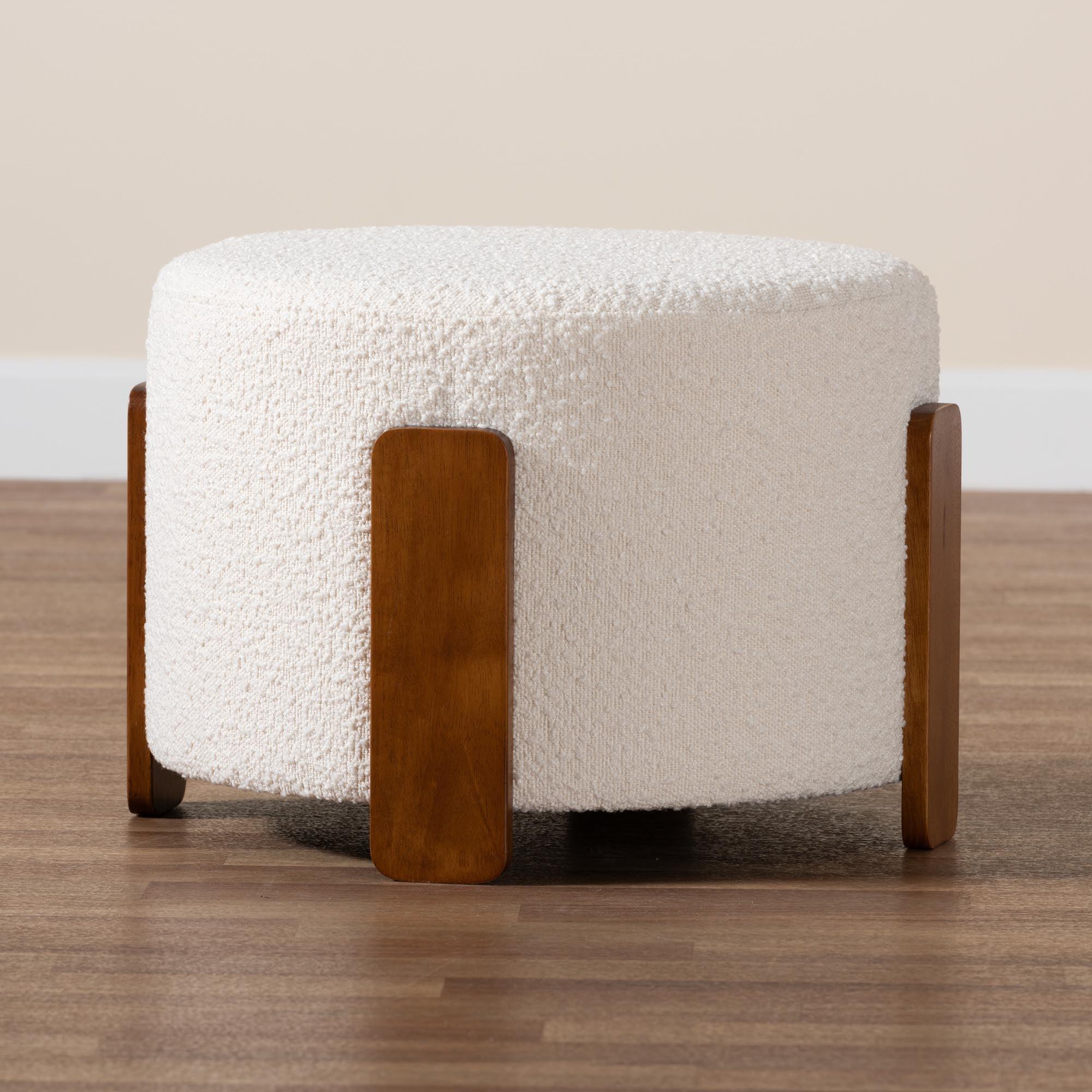Finlay Modern Japandi Cream Boucle Fabric and Finished Wood Ottoman Footstool