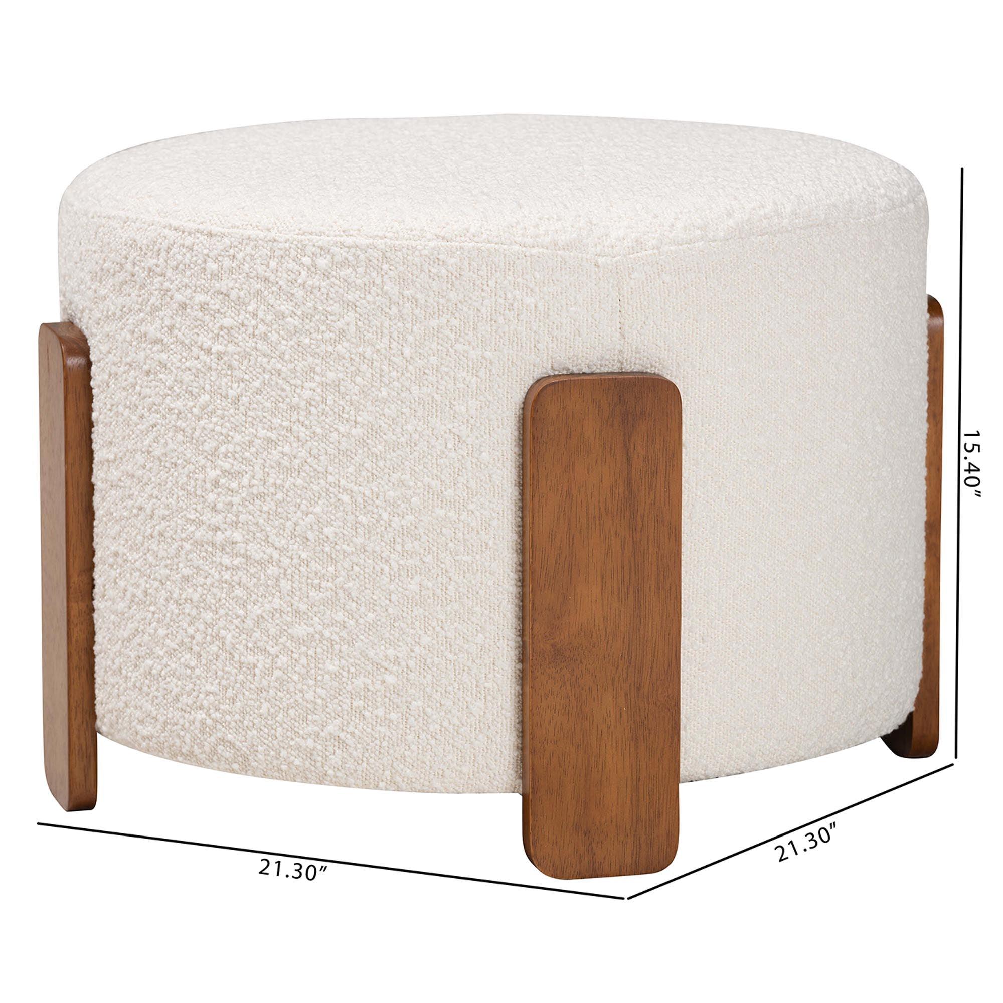 Finlay Modern Japandi Cream Boucle Fabric and Finished Wood Ottoman Footstool