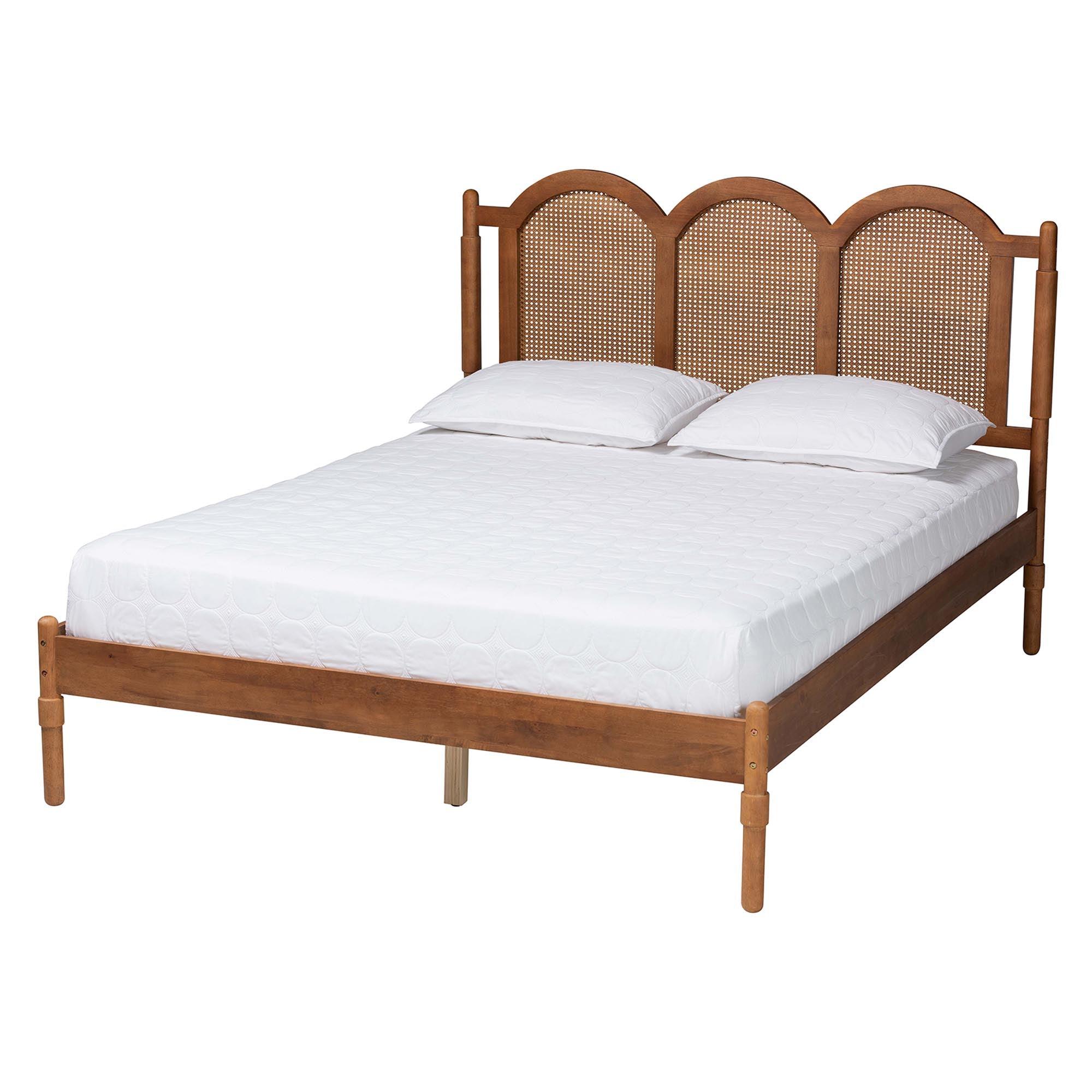 Thatcher Mid-Century Modern Finished Wood Platform Bed with Woven Rattan