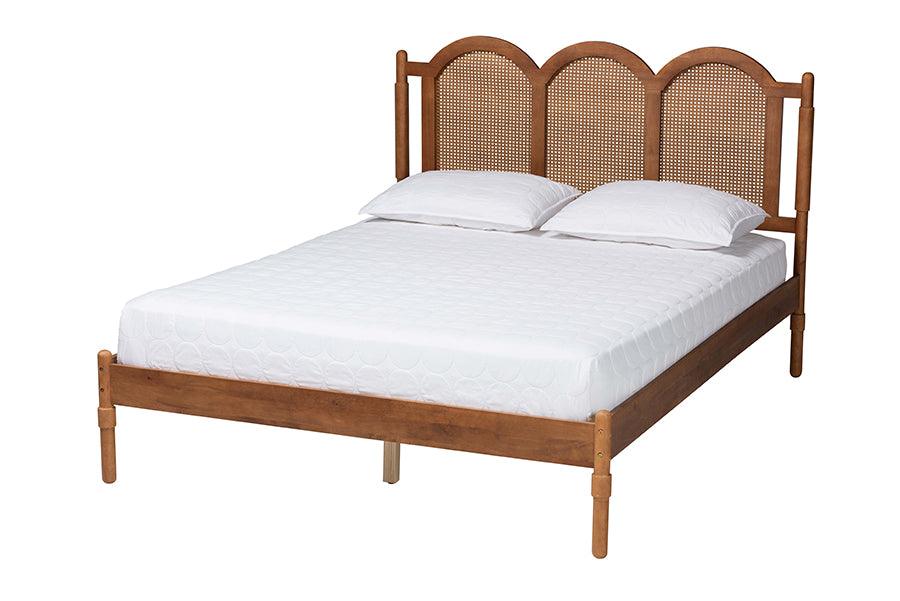 Thatcher Mid-Century Modern Finished Wood Platform Bed with Woven Rattan