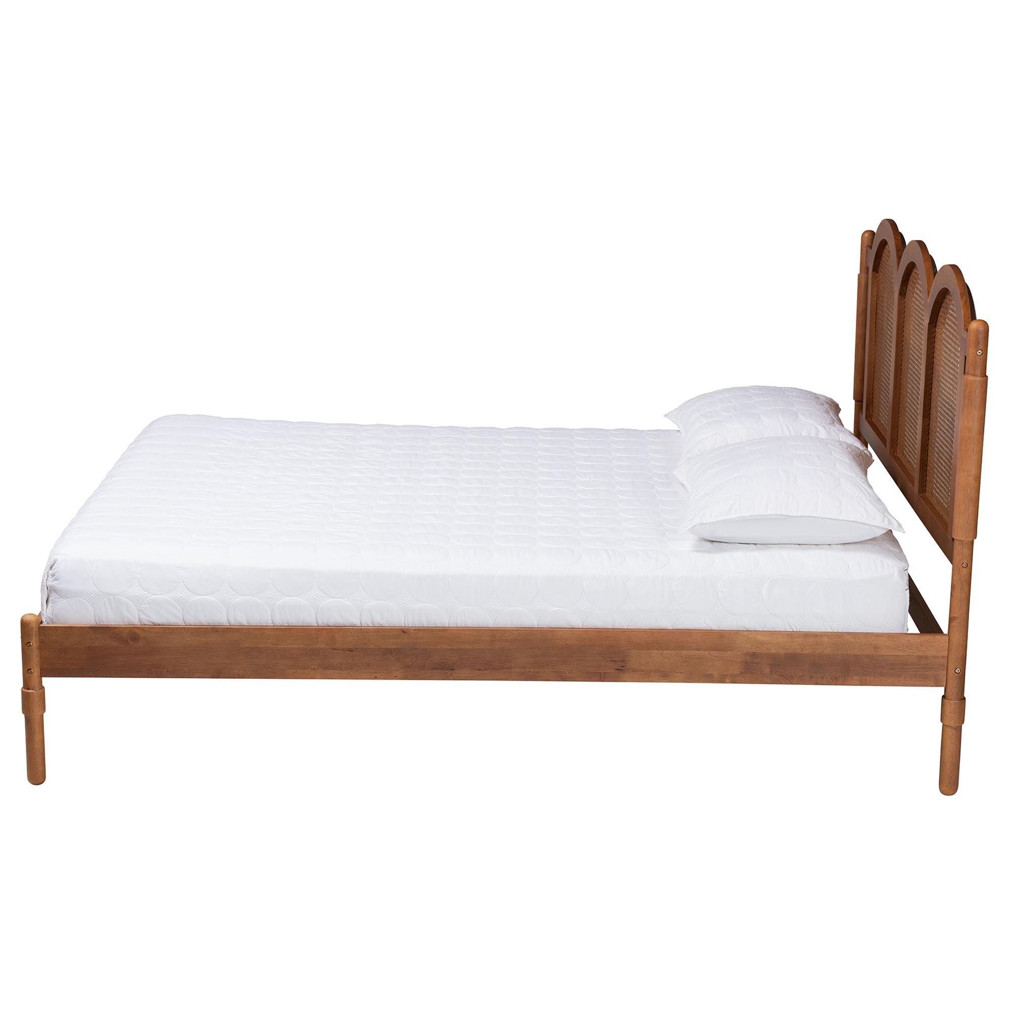 Thatcher Mid-Century Modern Finished Wood Platform Bed with Woven Rattan
