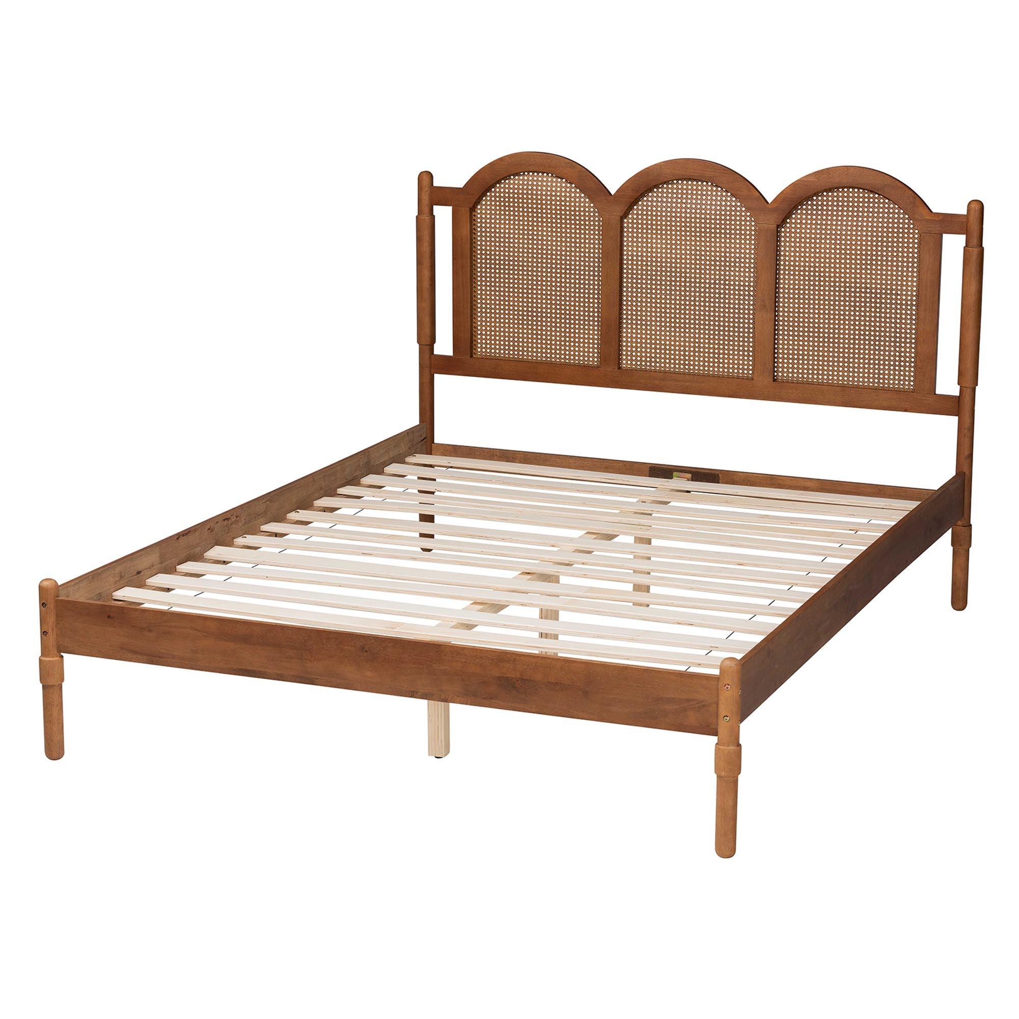 Thatcher Mid-Century Modern Finished Wood Platform Bed with Woven Rattan