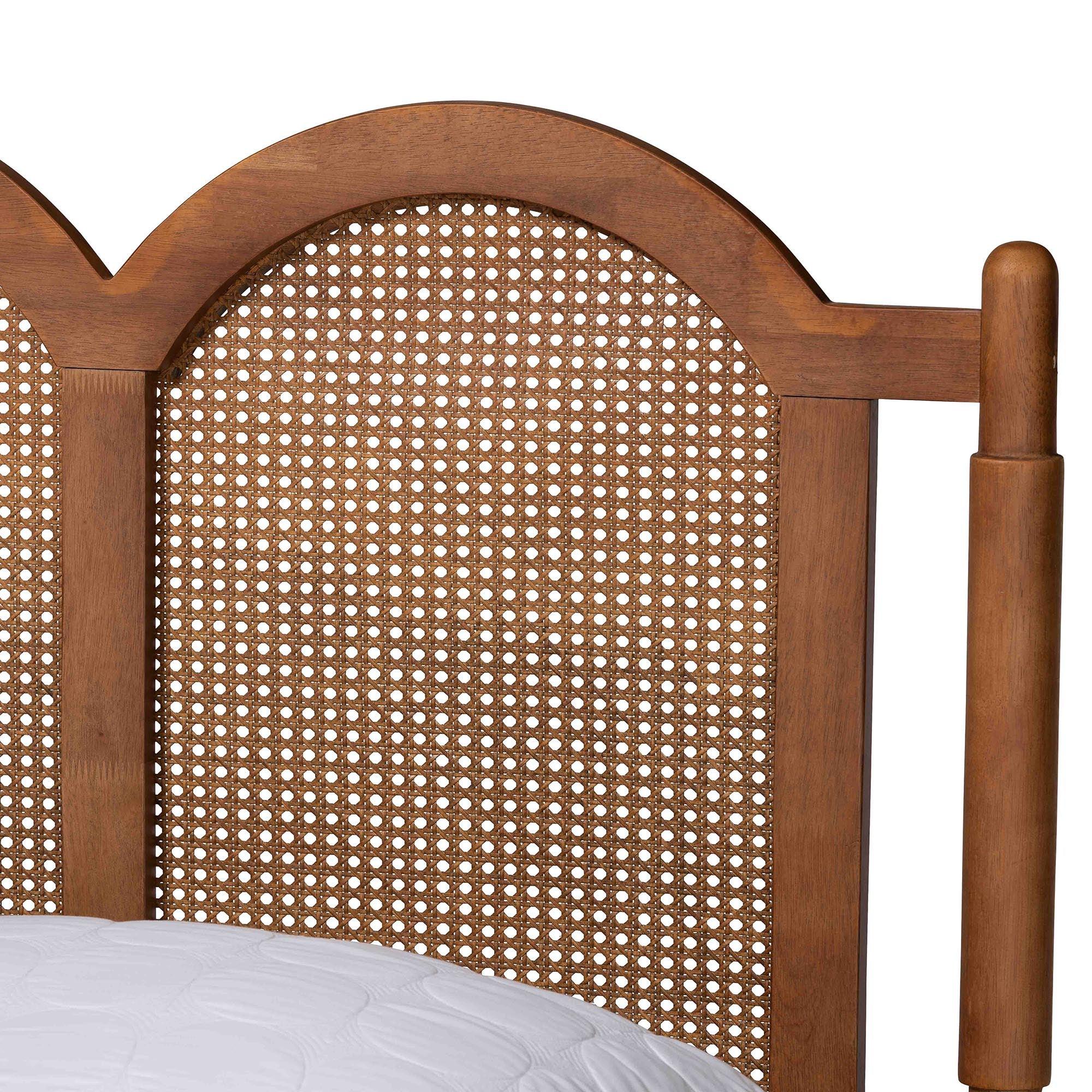 Thatcher Mid-Century Modern Finished Wood Platform Bed with Woven Rattan