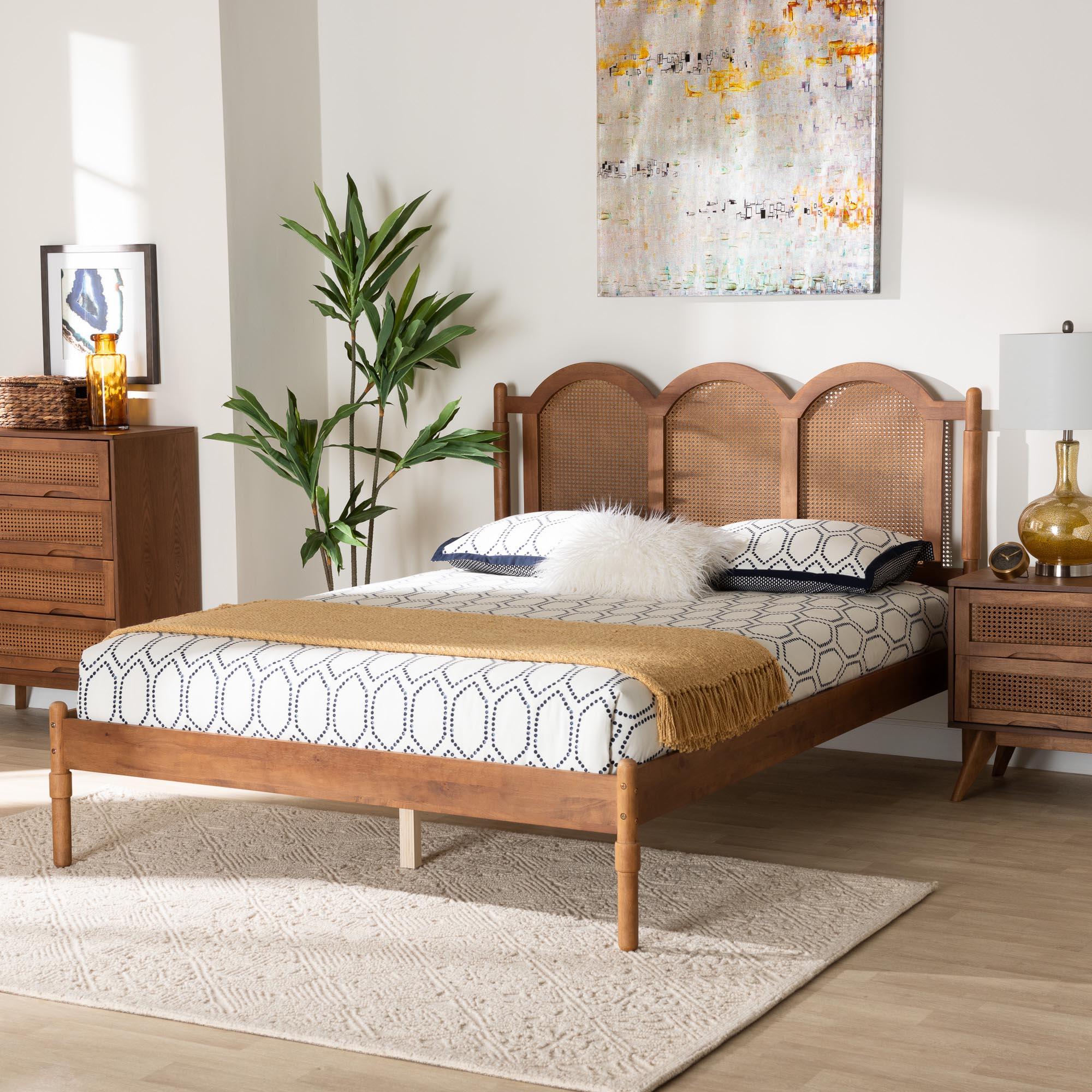 Thatcher Mid-Century Modern Finished Wood Platform Bed with Woven Rattan