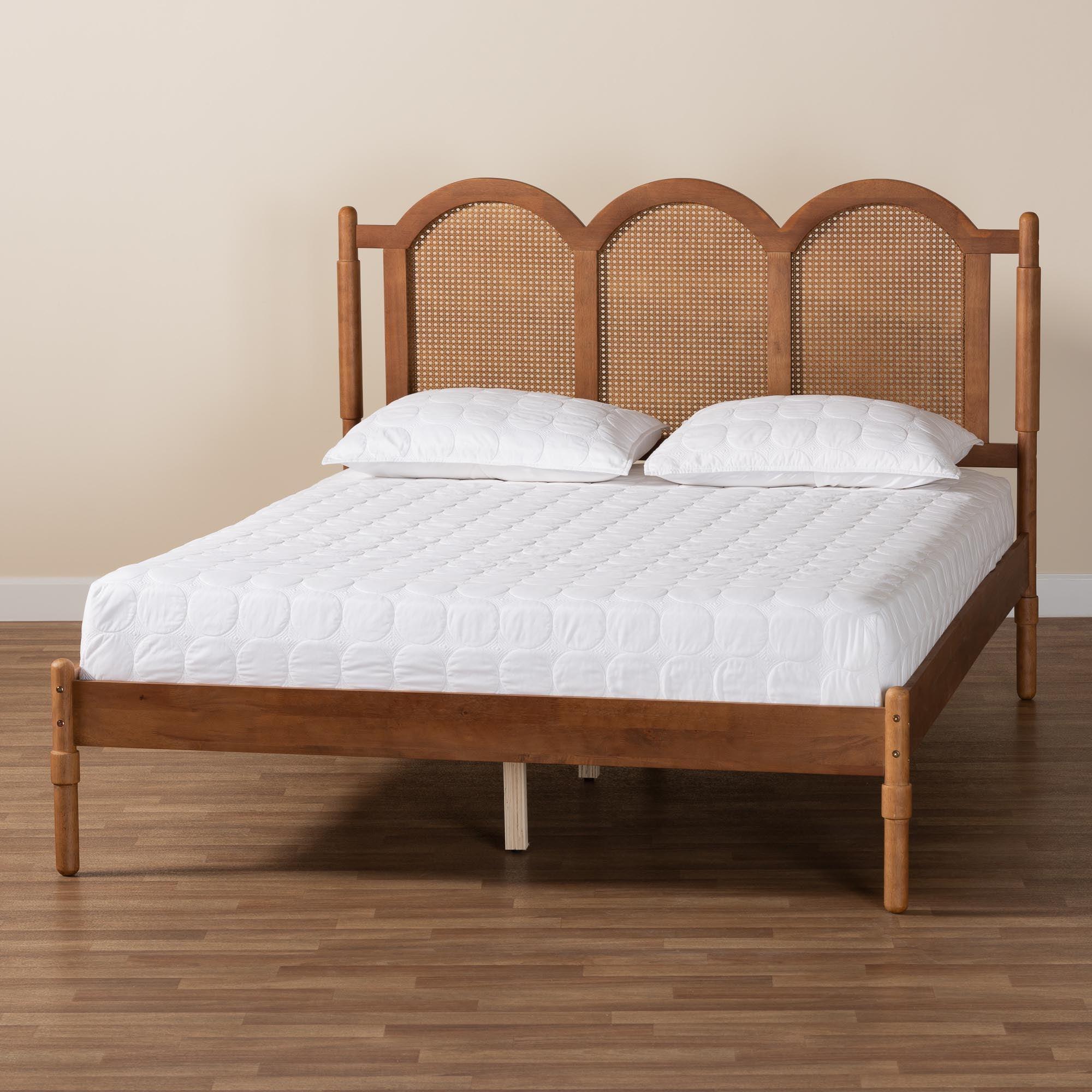 Thatcher Mid-Century Modern Finished Wood Platform Bed with Woven Rattan