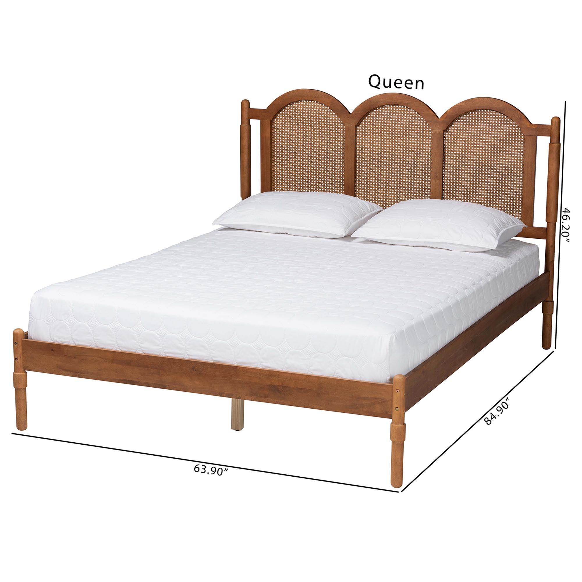 Thatcher Mid-Century Modern Finished Wood Platform Bed with Woven Rattan