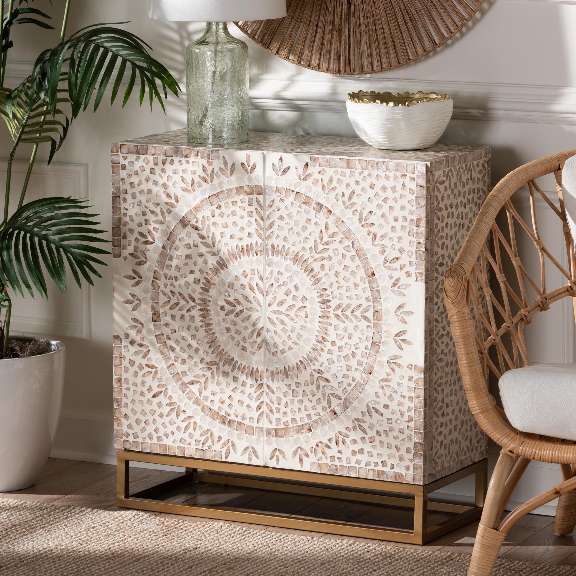 Ercilia Modern Bohemian and Rustic Mother of Pearl Storage Cabinet