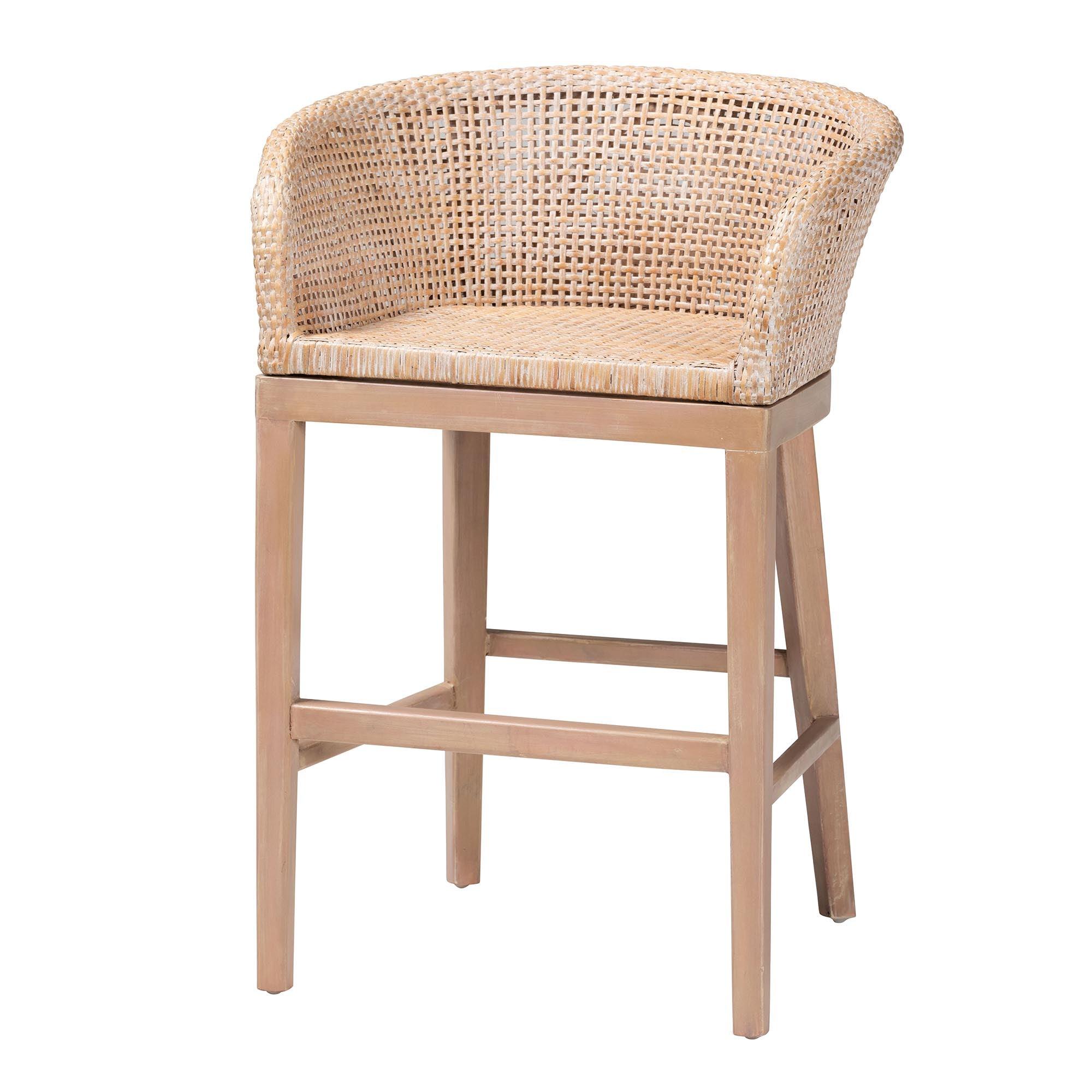 bali & pari Papua Modern Bohemian Antique Washed Rattan and Mahogany Wood Counter Stool