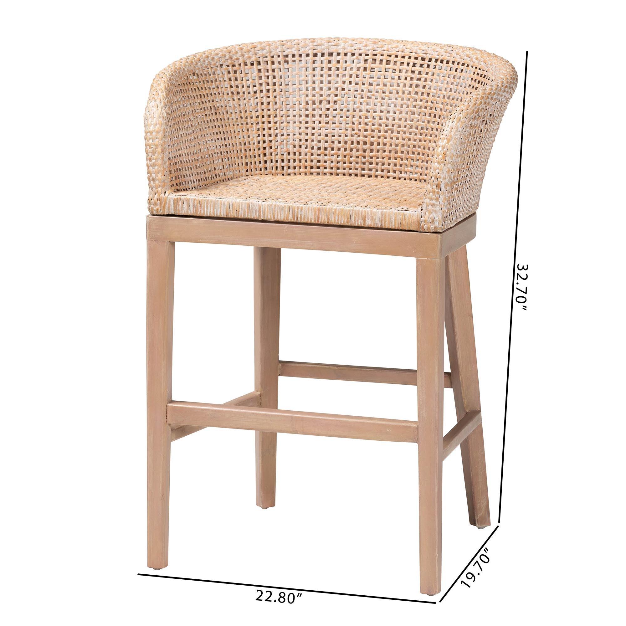 bali & pari Papua Modern Bohemian Antique Washed Rattan and Mahogany Wood Counter Stool