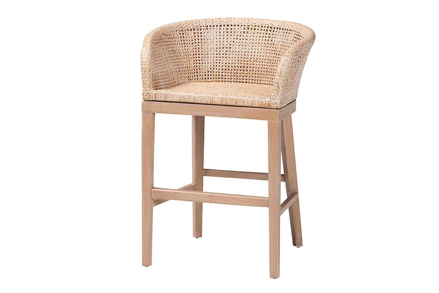 bali & pari Papua Modern Bohemian Antique Washed Rattan and Mahogany Wood Counter Stool