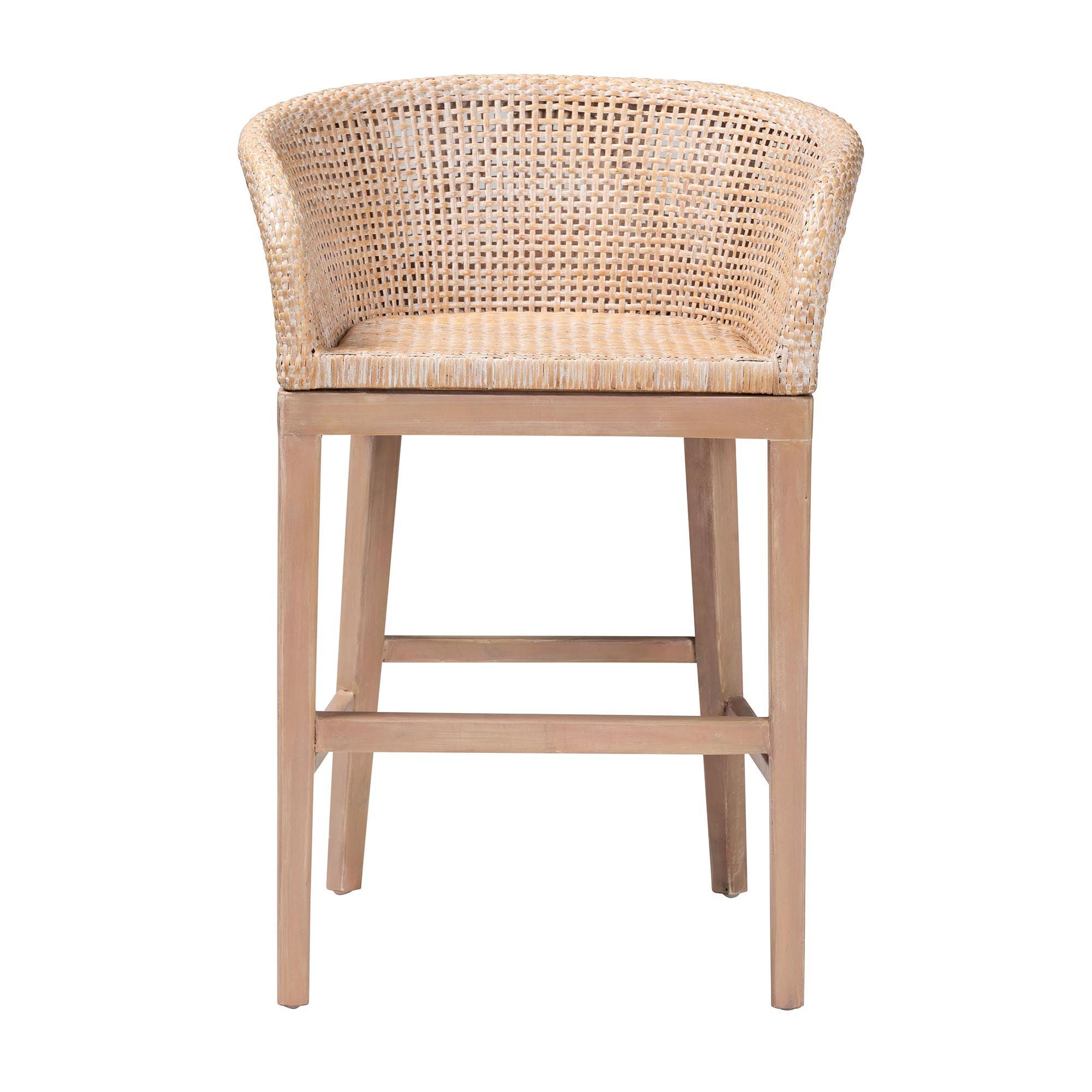 bali & pari Papua Modern Bohemian Antique Washed Rattan and Mahogany Wood Counter Stool