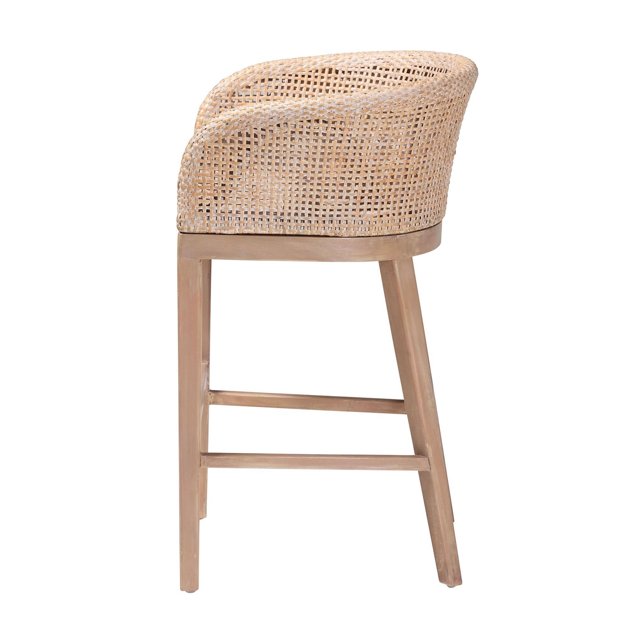 bali & pari Papua Modern Bohemian Antique Washed Rattan and Mahogany Wood Counter Stool