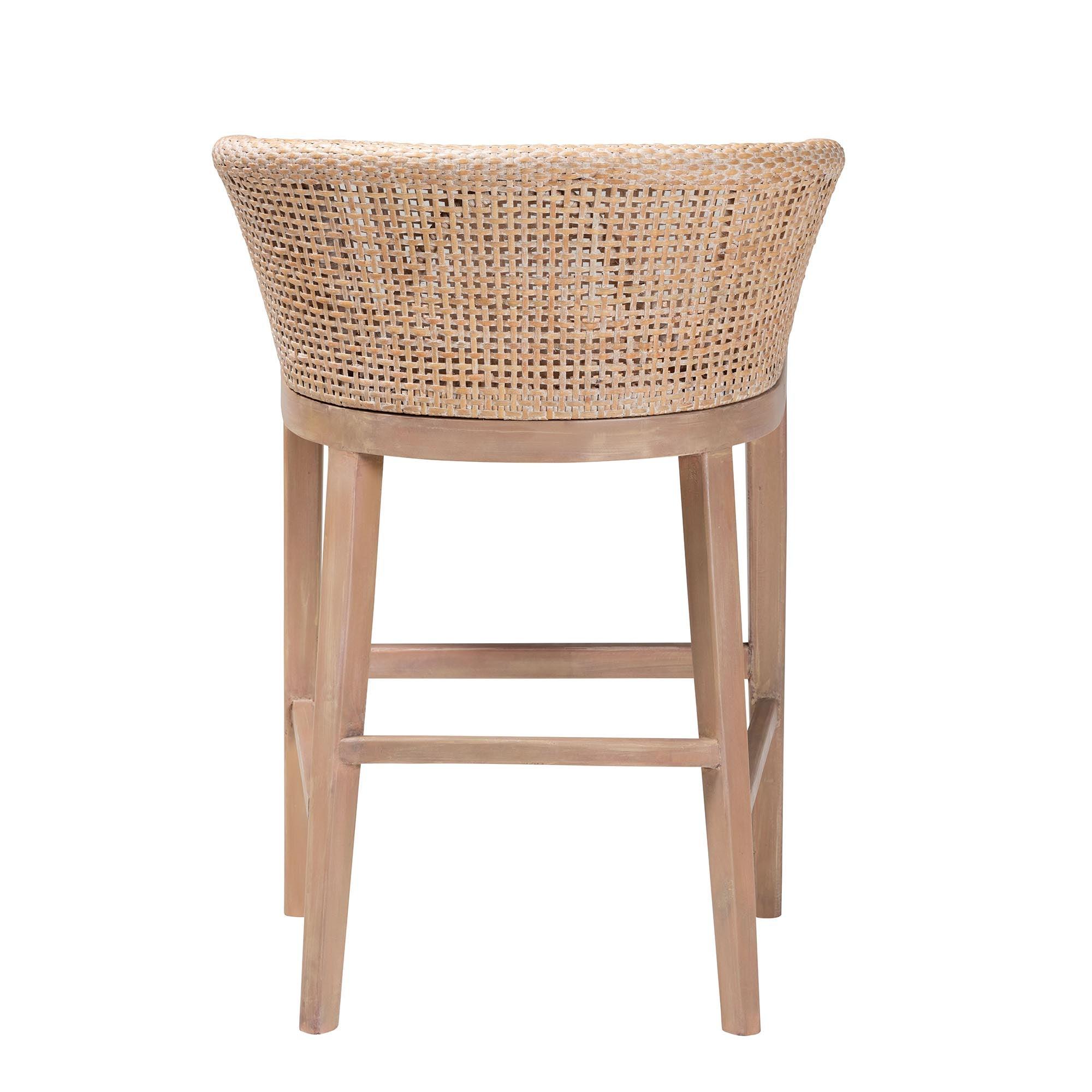 bali & pari Papua Modern Bohemian Antique Washed Rattan and Mahogany Wood Counter Stool