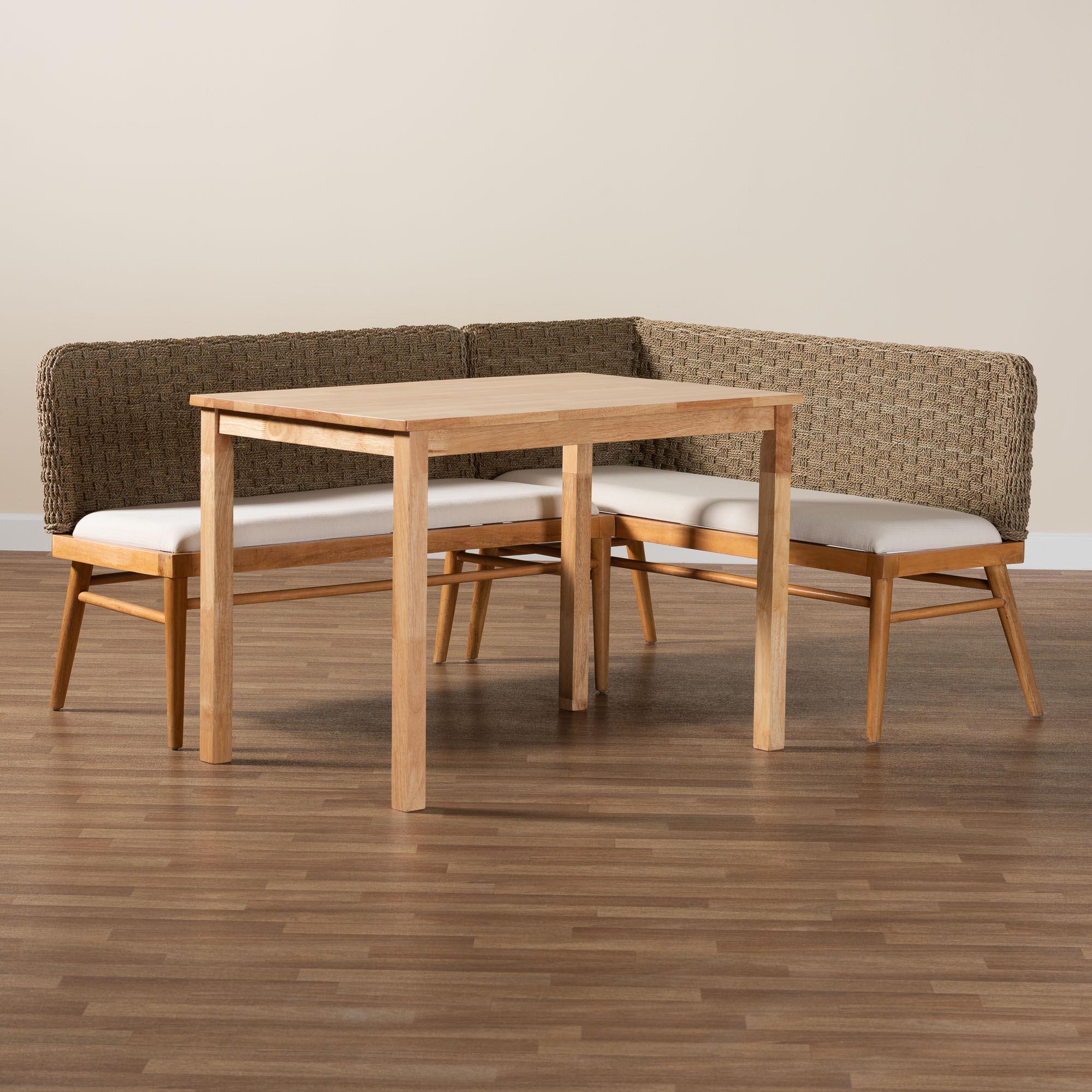 bali & pari Denver Modern Bohemian Seagrass and Acacia Wood 3-Piece Dining Nook Set