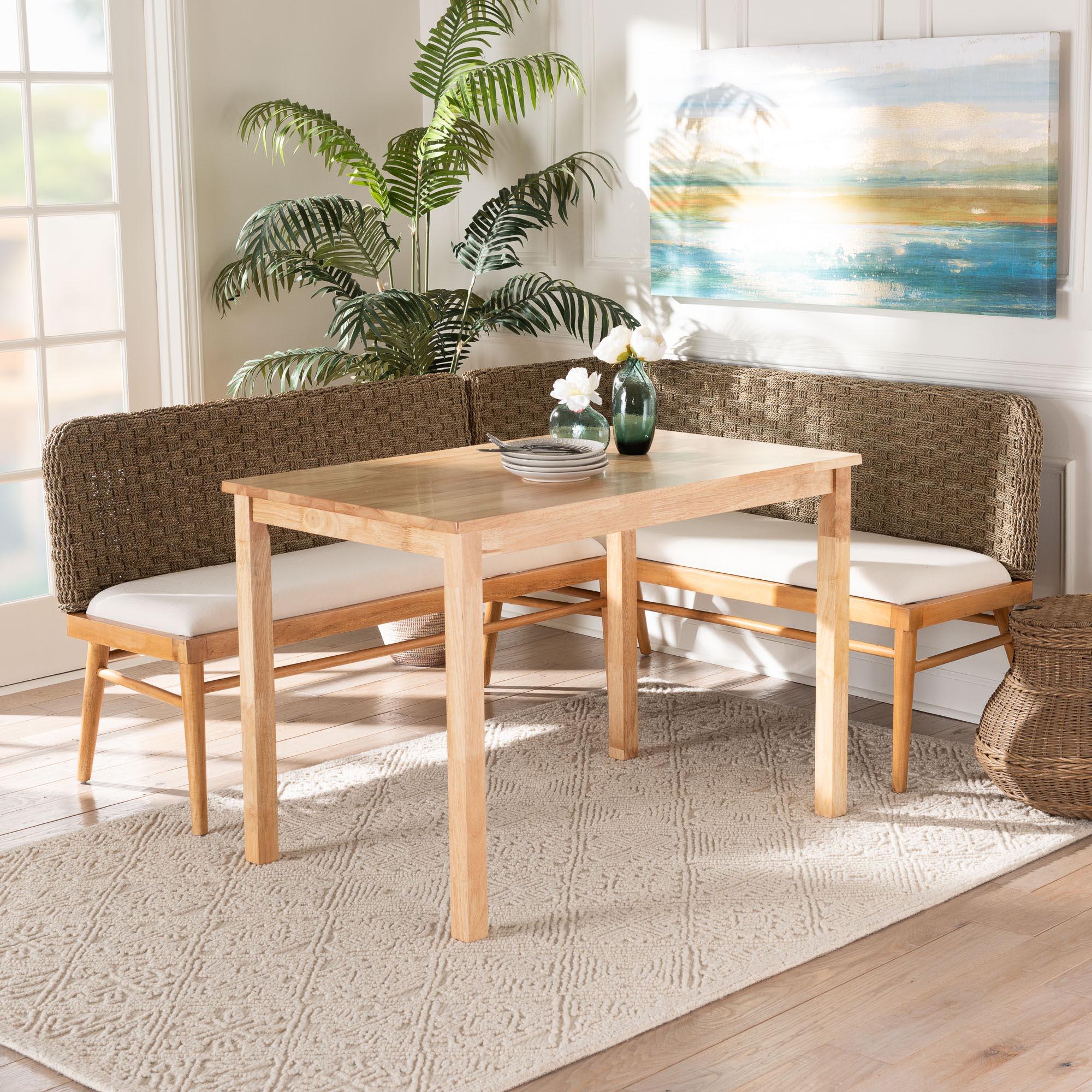 bali & pari Denver Modern Bohemian Seagrass and Acacia Wood 3-Piece Dining Nook Set