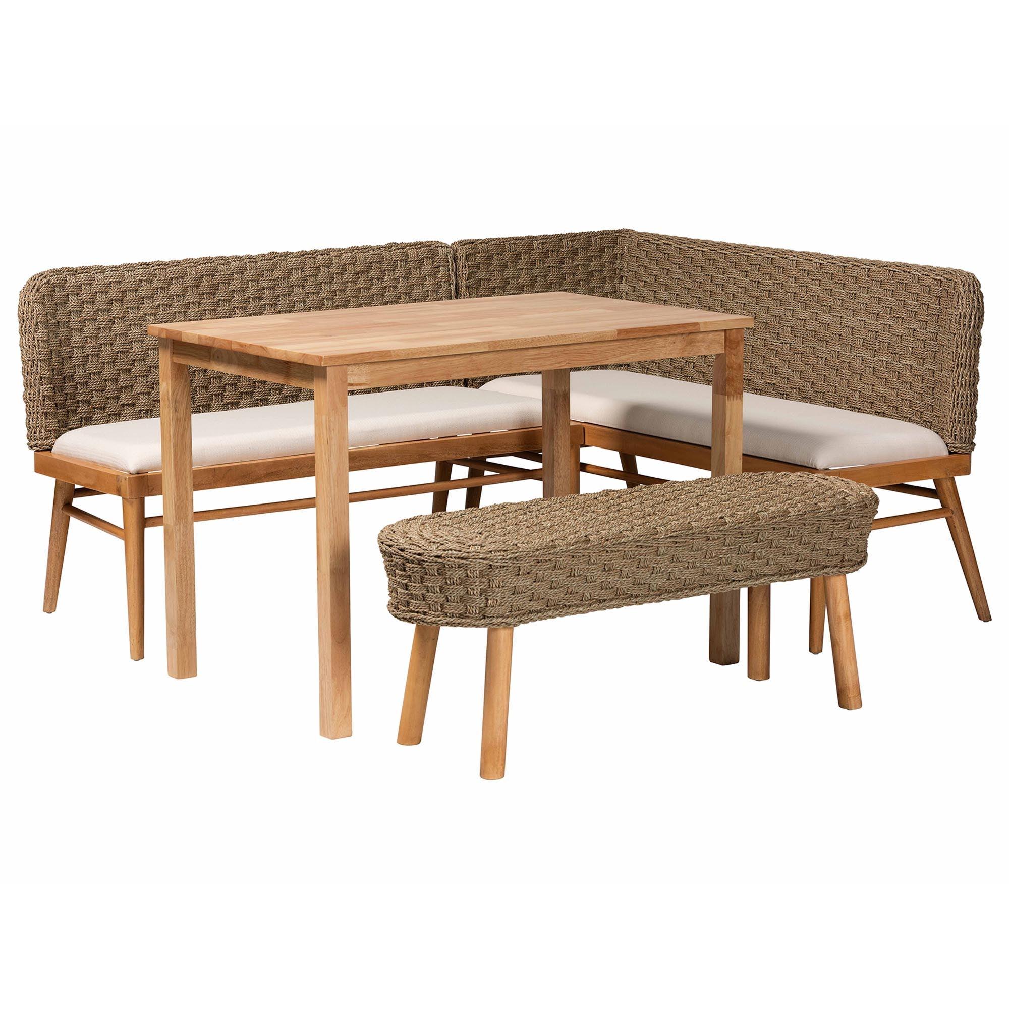 bali & pari Denver Modern Bohemian Seagrass and Acacia Wood 4-Piece Dining Nook Set