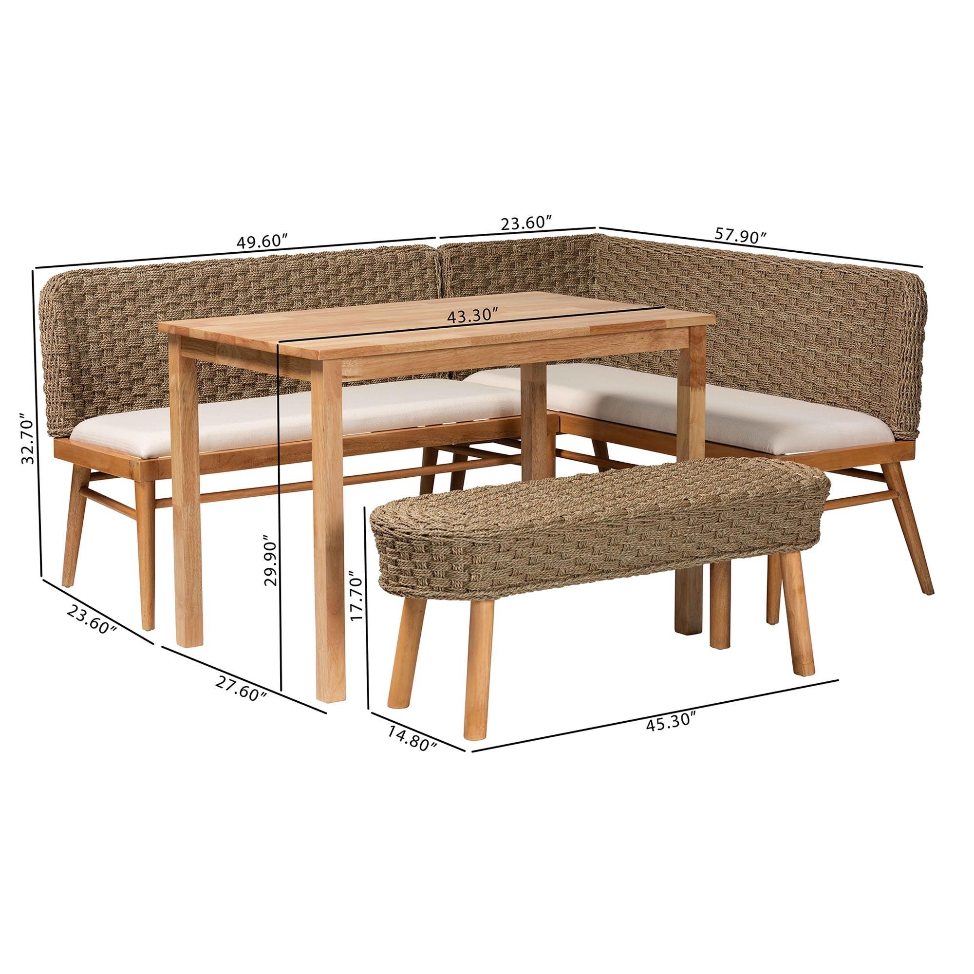 bali & pari Denver Modern Bohemian Seagrass and Acacia Wood 4-Piece Dining Nook Set