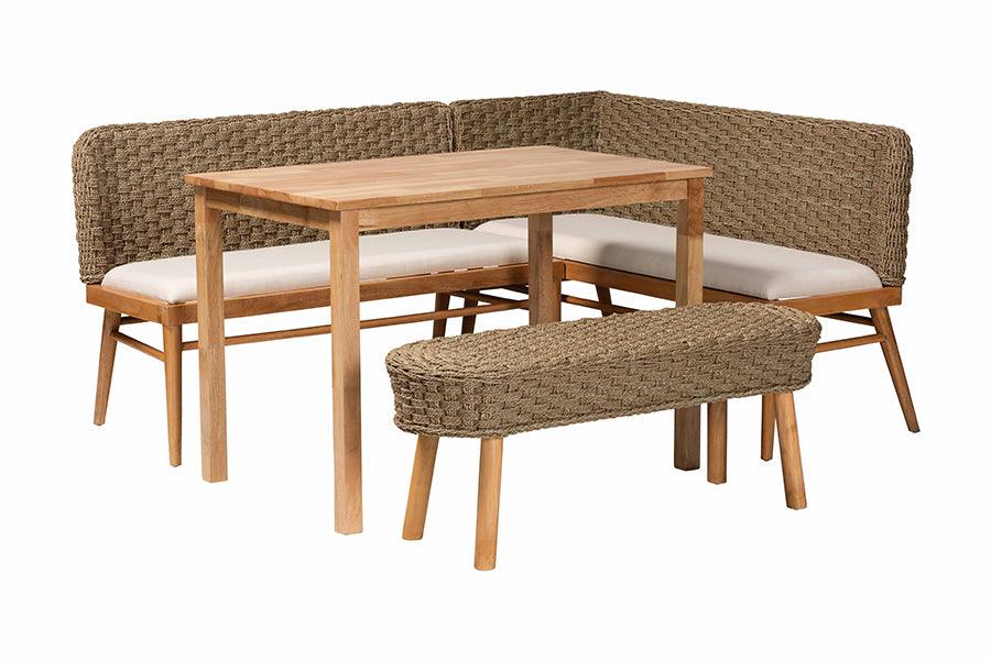 bali & pari Denver Modern Bohemian Seagrass and Acacia Wood 4-Piece Dining Nook Set