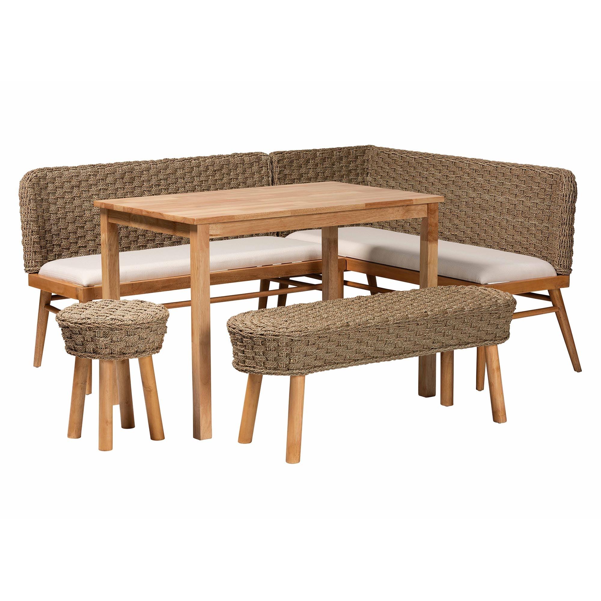bali & pari Denver Modern Bohemian Seagrass and Acacia Wood 5-Piece Dining Nook Set