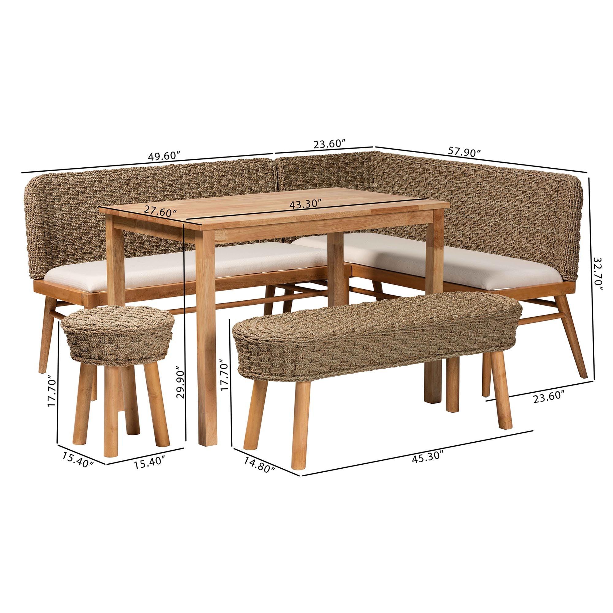 bali & pari Denver Modern Bohemian Seagrass and Acacia Wood 5-Piece Dining Nook Set