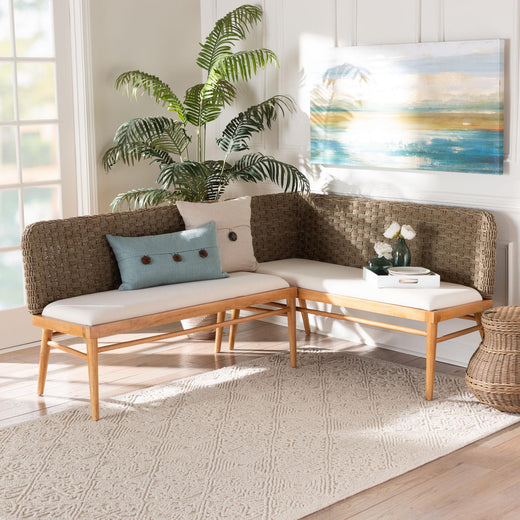 Bali & Pari Denver Modern Bohemian Seagrass and Acacia Wood 2-Piece Dining Nook Banquette Set