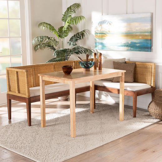 Bali & Pari Tabanan Modern Bohemian Rattan and Acacia Wood 3-Piece Dining Nook set