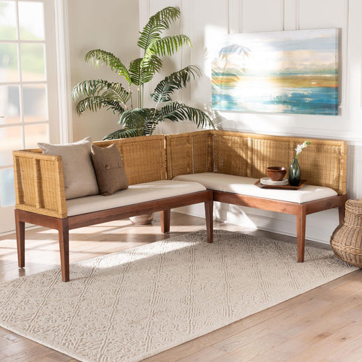 Bali & Pari Tabanan Modern Bohemian Nautral Rattan and Acacia Wood 2-Piece Dining Nook Banquette Set