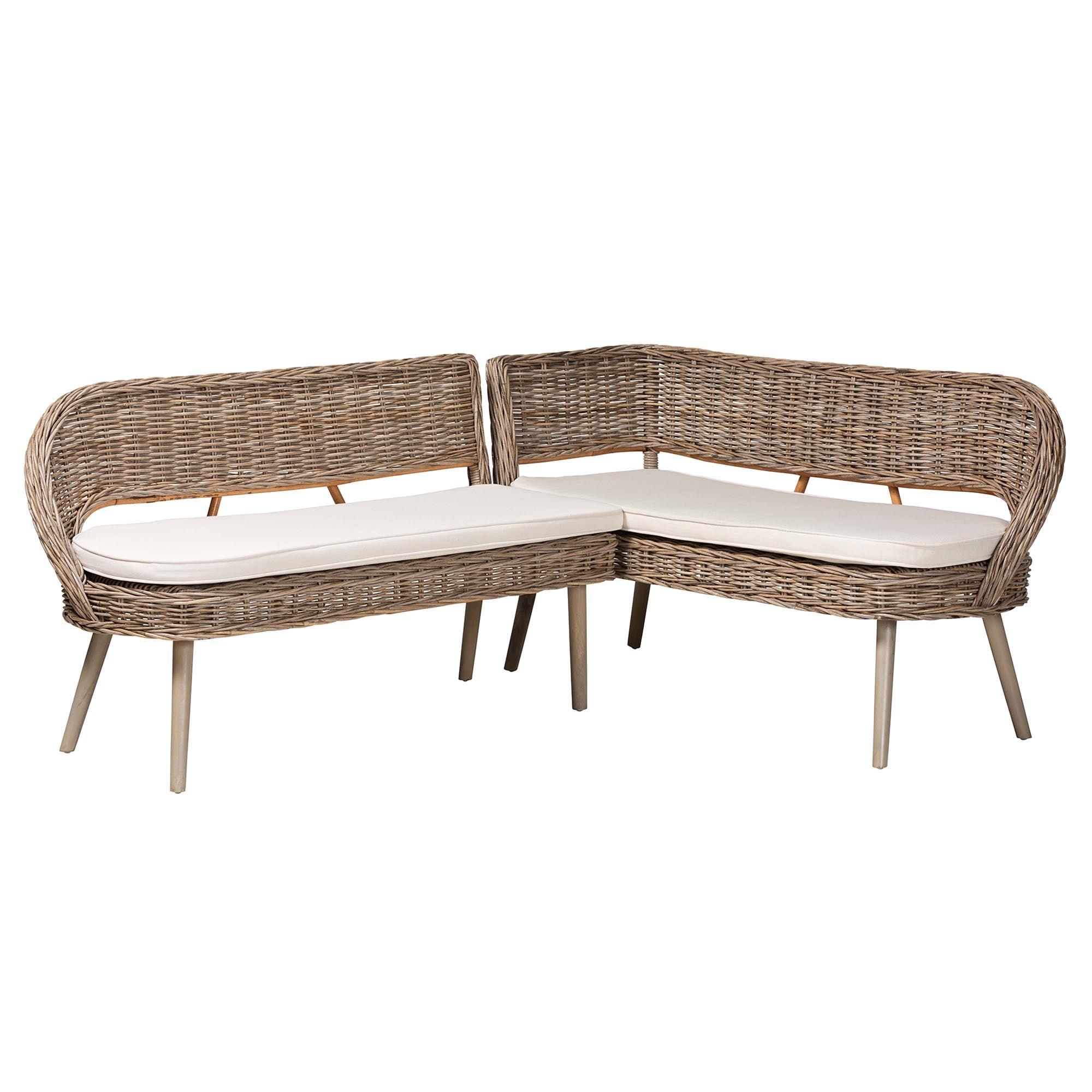 bali & pari Raisa Modern Bohemian Kubu Rattan and Acacia Wood 2-Piece Dining Nook Banquette Set