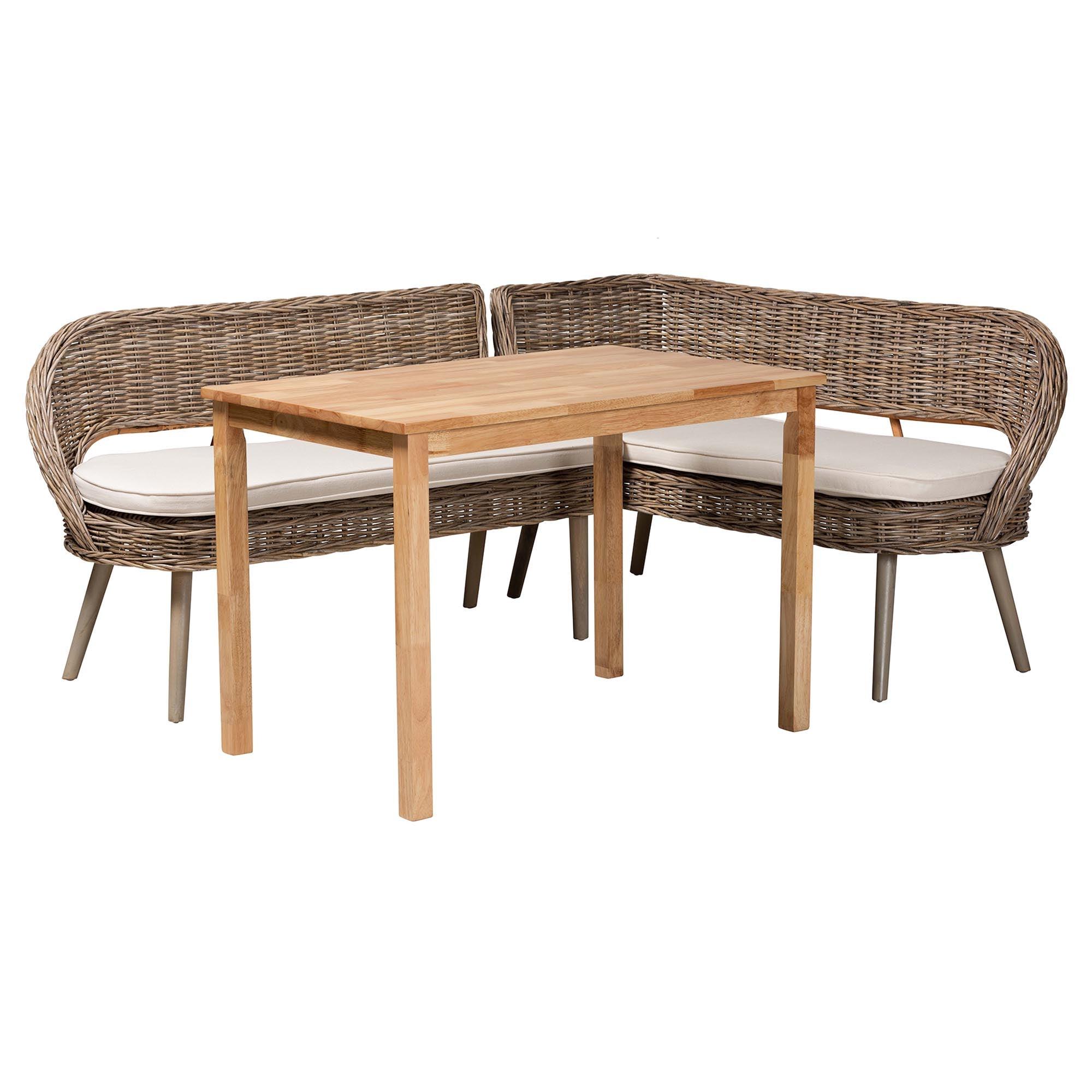 Raisa Modern Bohemian Kubu Rattan Bench and Wood Table 3-Piece Dining Nook Set