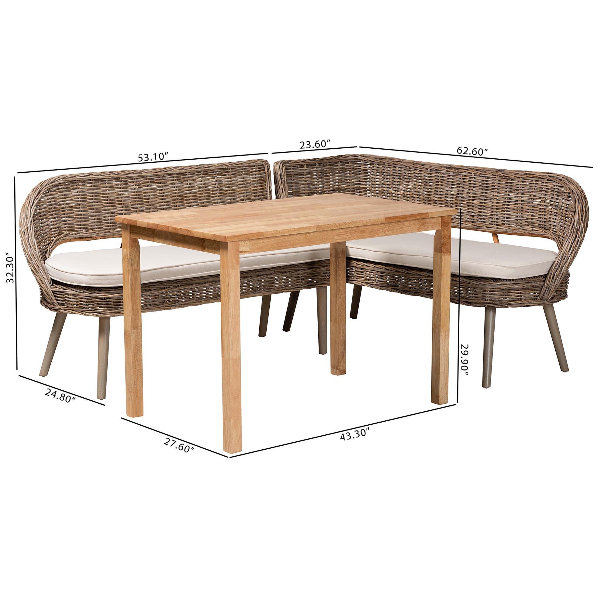 Raisa Modern Bohemian Kubu Rattan Bench and Wood Table 3-Piece Dining Nook Set