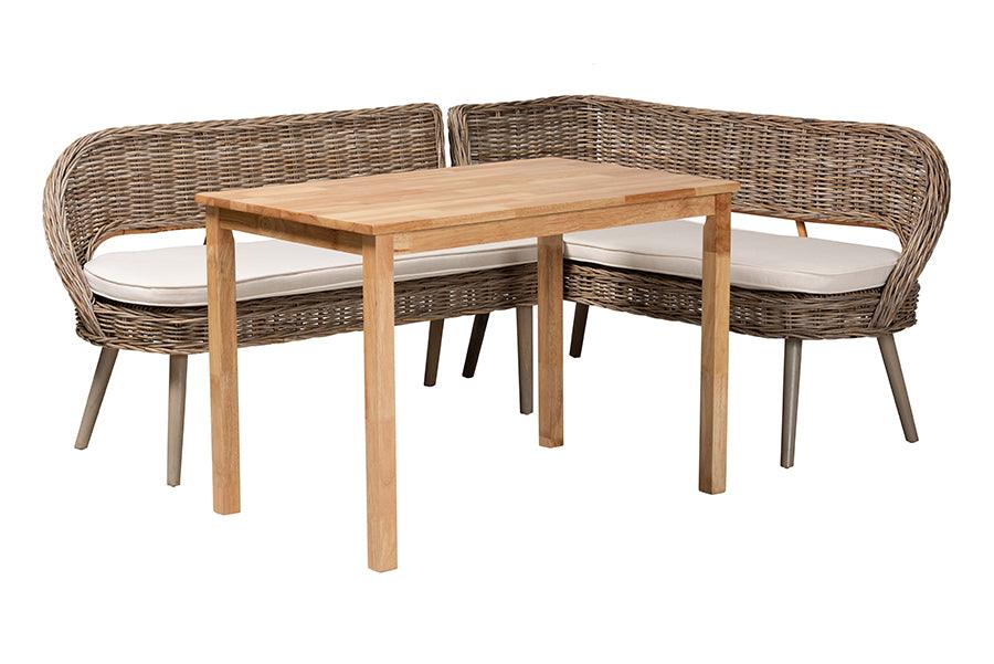 Raisa Modern Bohemian Kubu Rattan Bench and Wood Table 3-Piece Dining Nook Set