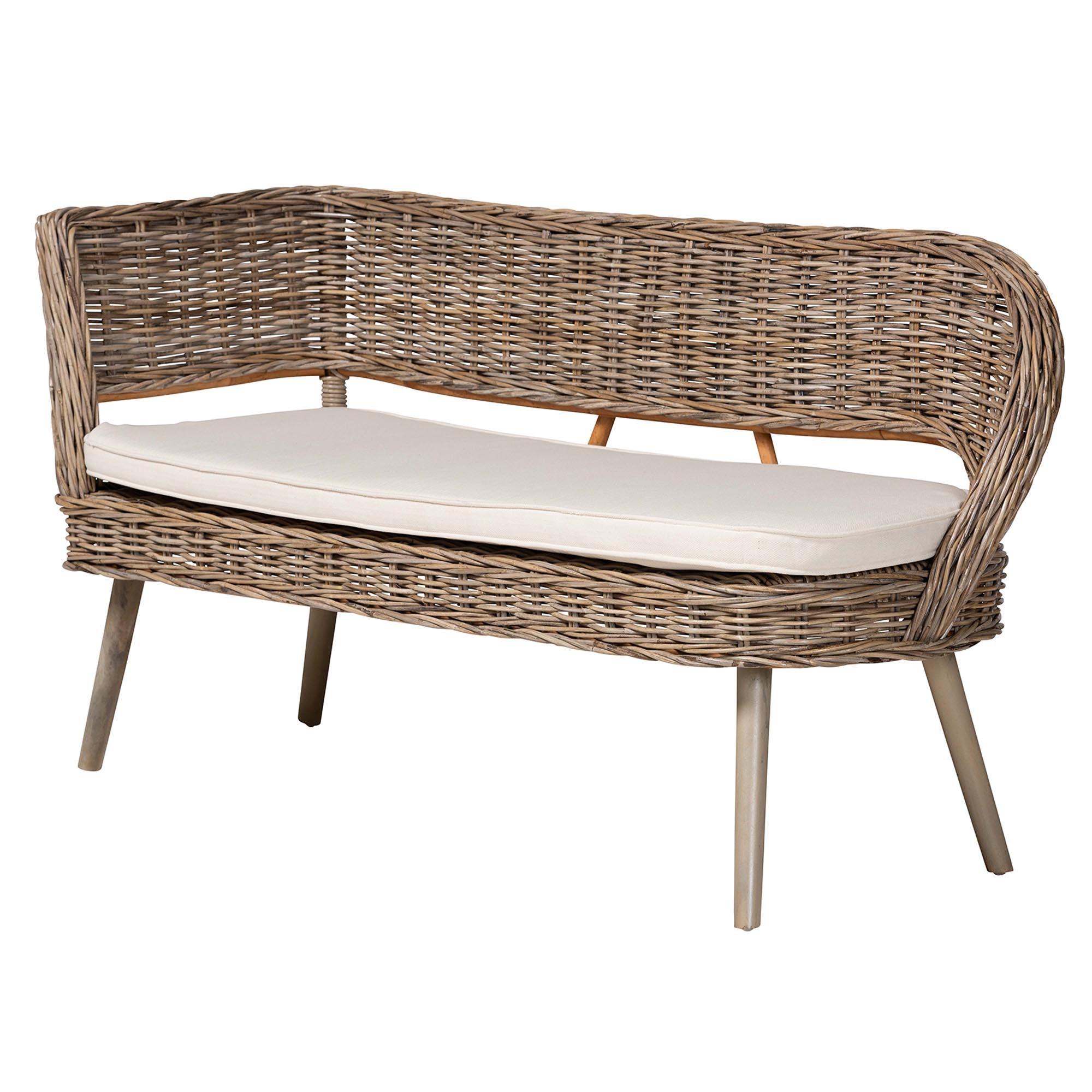 Raisa Modern Bohemian Kubu Rattan Bench and Wood Table 3-Piece Dining Nook Set