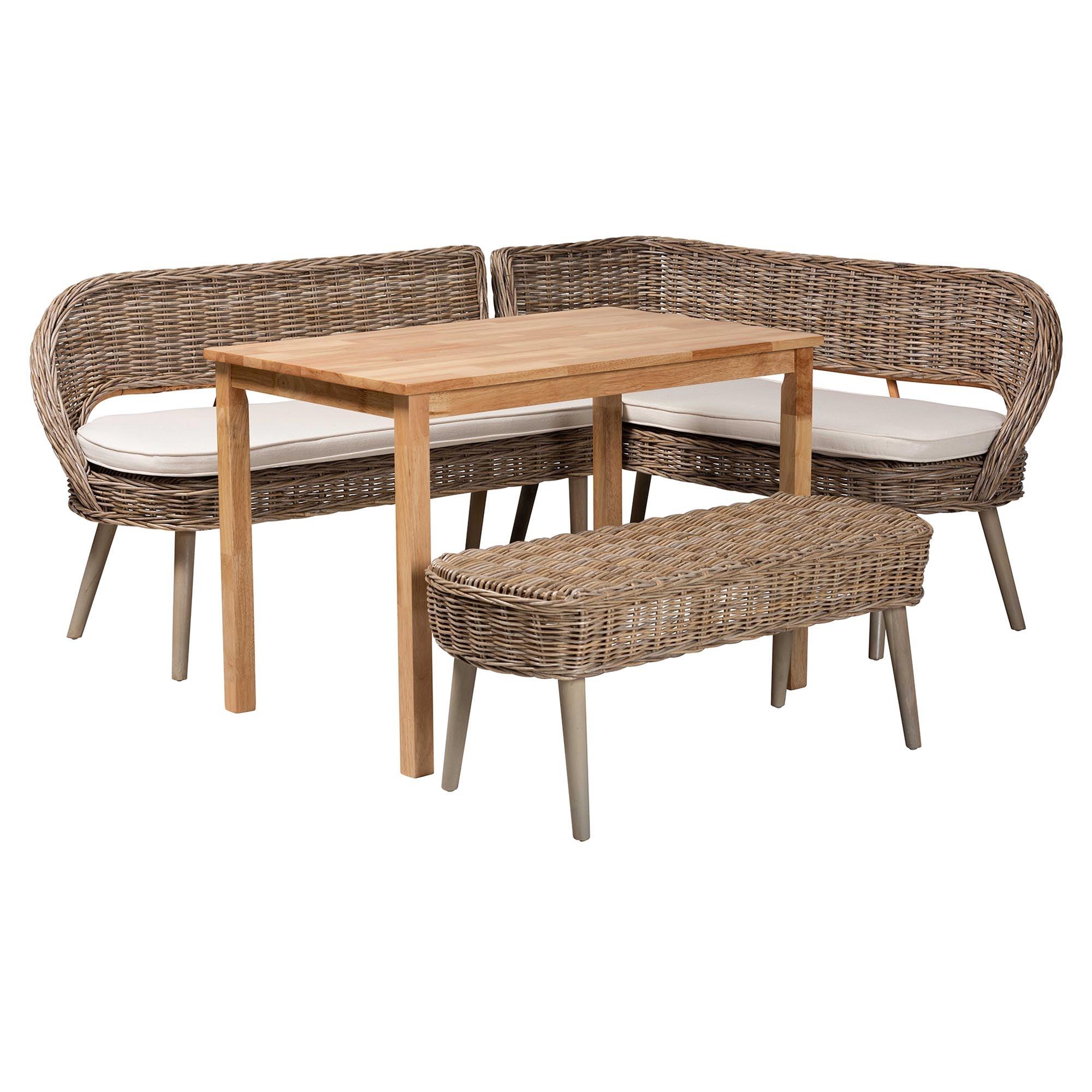 Raisa Modern Bohemian Kubu Rattan Bench and Wood Table 4-Piece Dining Nook Set