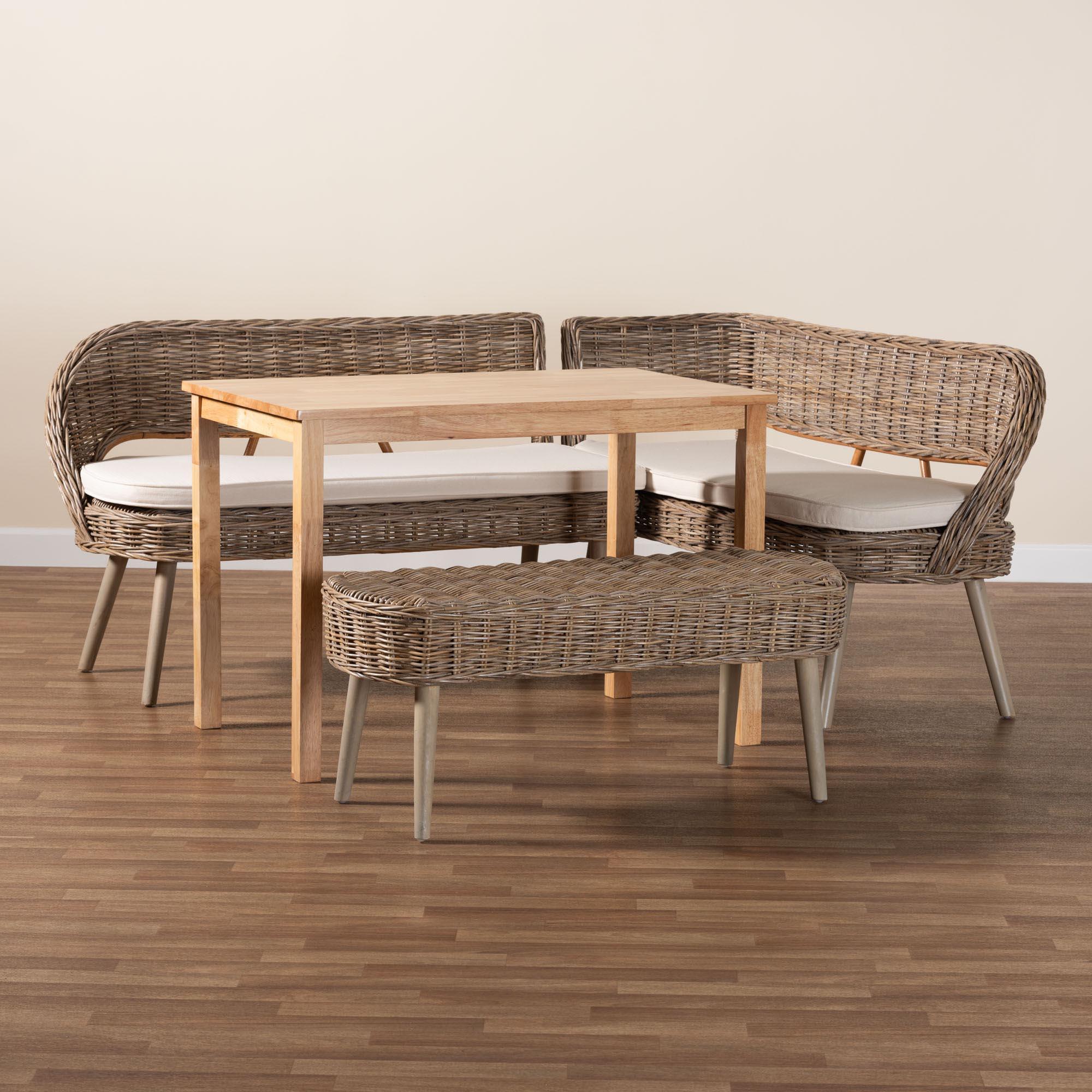 Raisa Modern Bohemian Kubu Rattan Bench and Wood Table 4-Piece Dining Nook Set